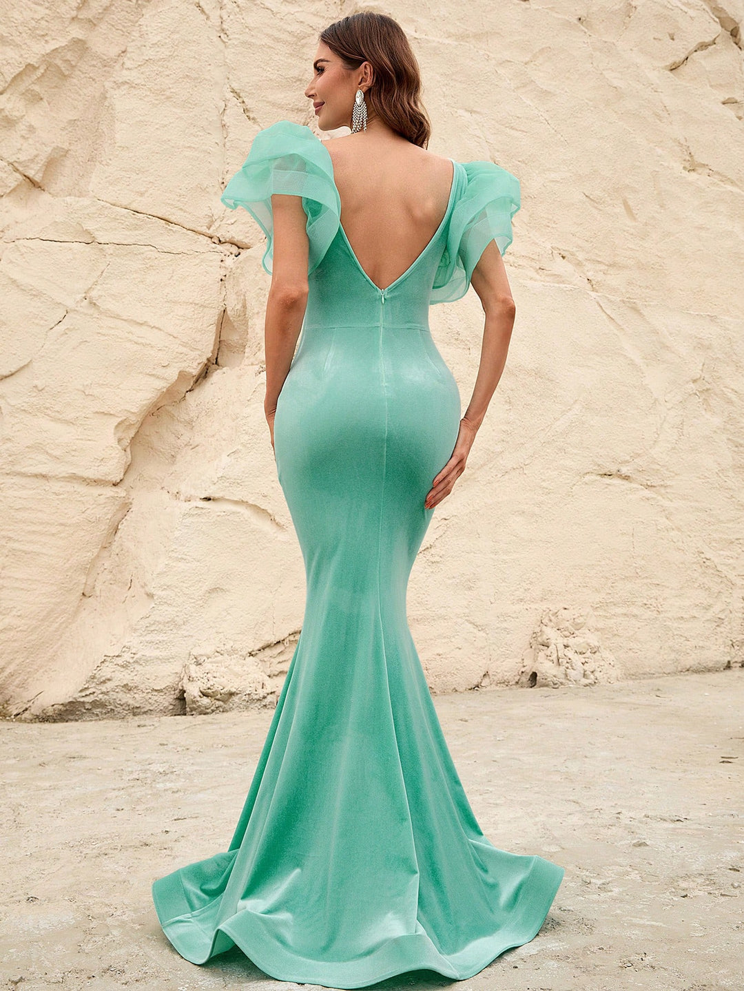 Elegant Organza Ruffle Sleeve Velvet Mermaid Dresses