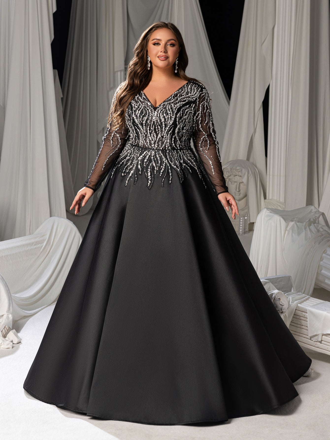 Plus Size Deep V-Neck Sequin Illusion Evening Gown - Satin Formal Dress with Long Sleeves & A-Line Skirt