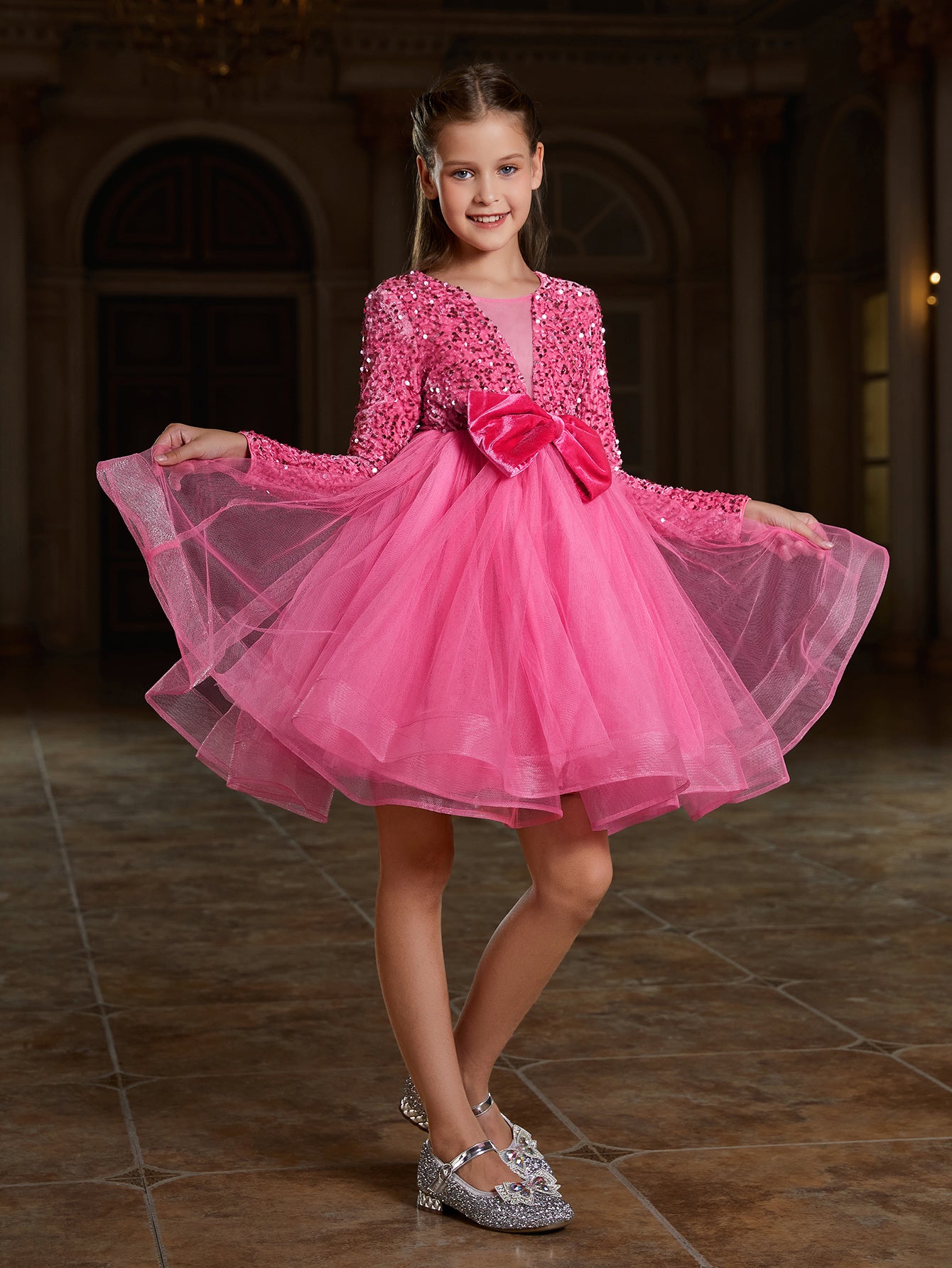 Girl's Cute Bow Front Long Sleeve Party Dress