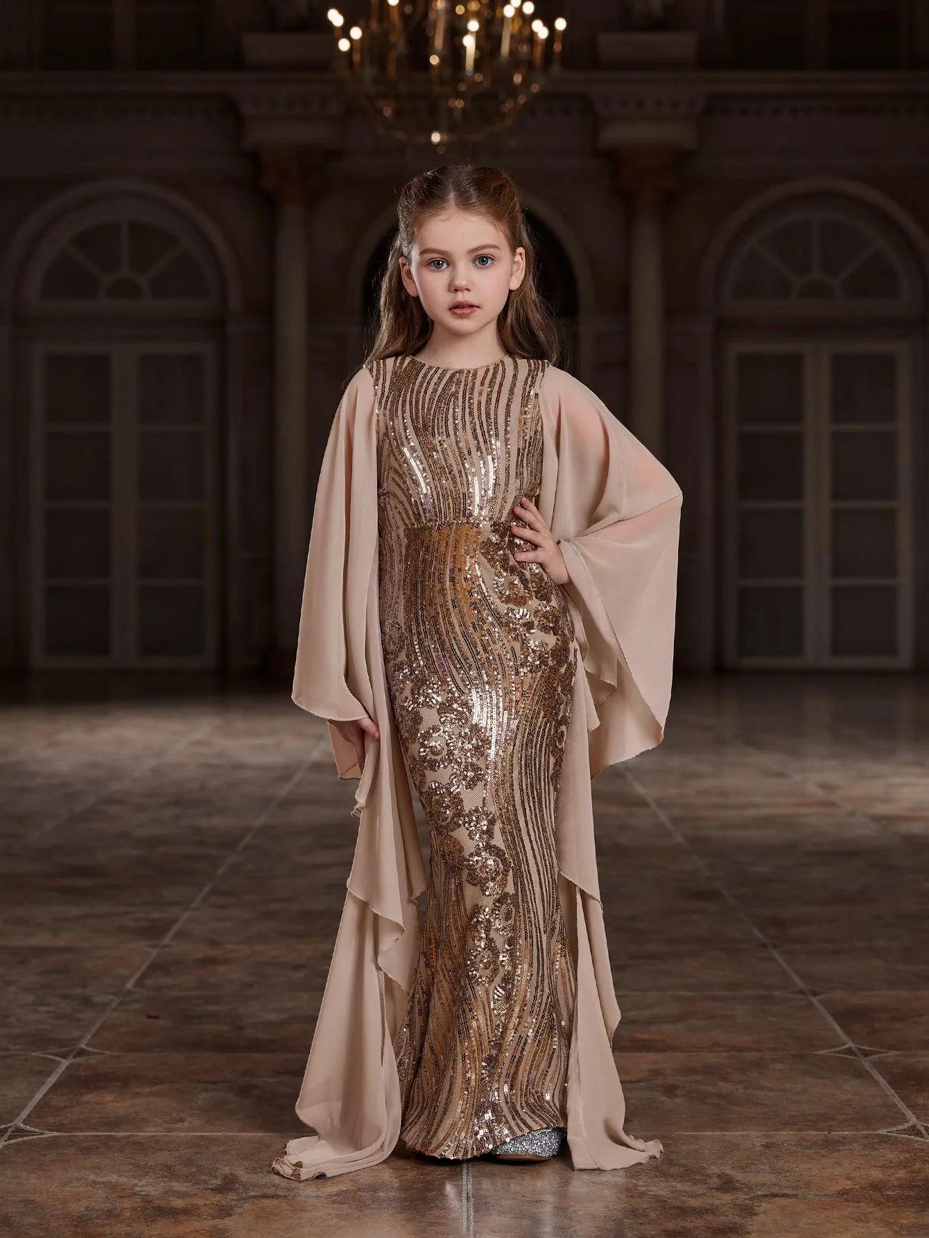 Tween Girls' Extra-Long Sleeves Graphic Sequin Party Dress Champagne / 8Y Tween Girls' Extra-Long Sleeves Graphic Sequin Party Dress Champagne / 8Y