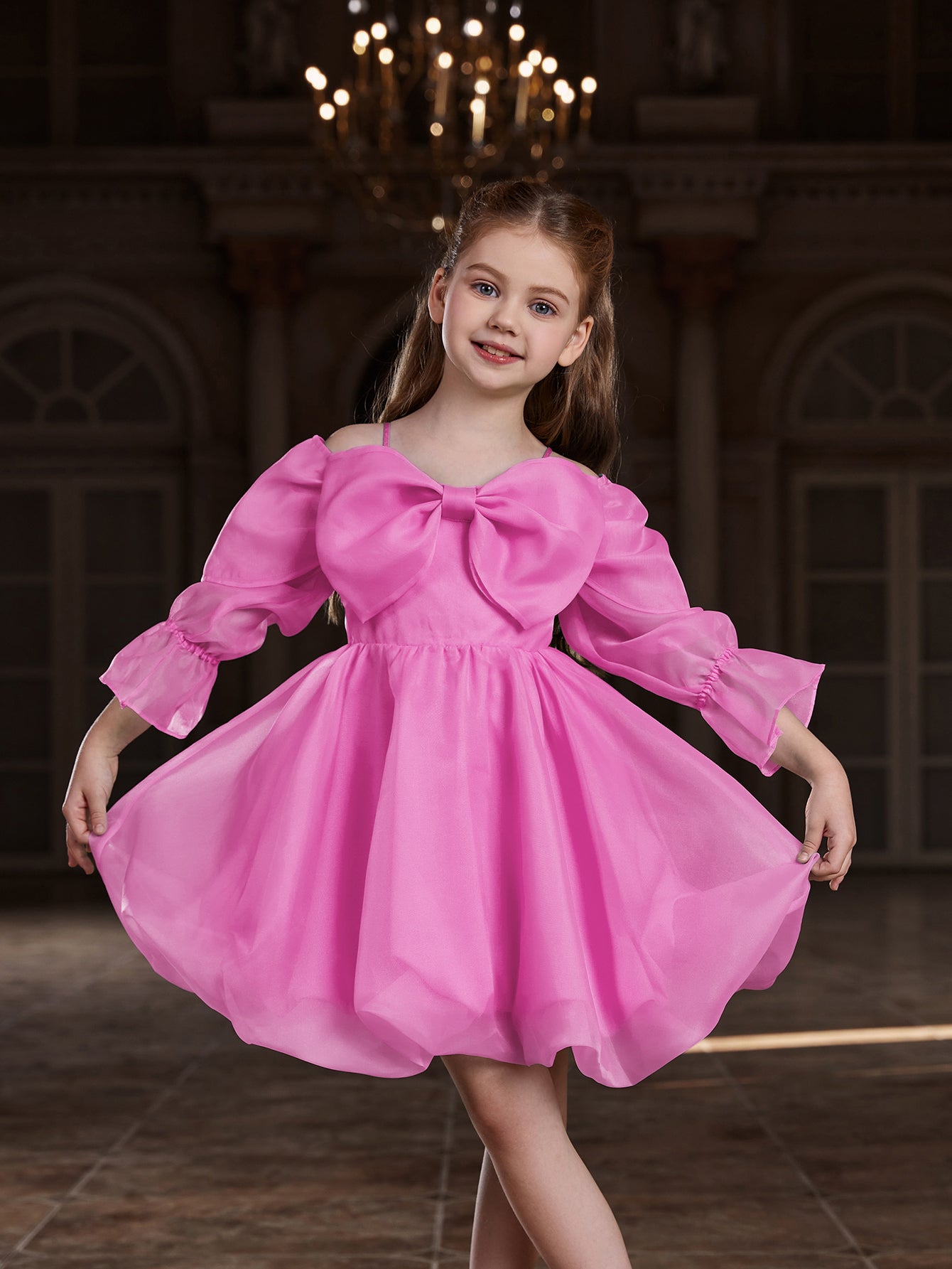 pink dress with bow Girl's Off Shoulder Bow Front Puff Dress Pink / 8Y