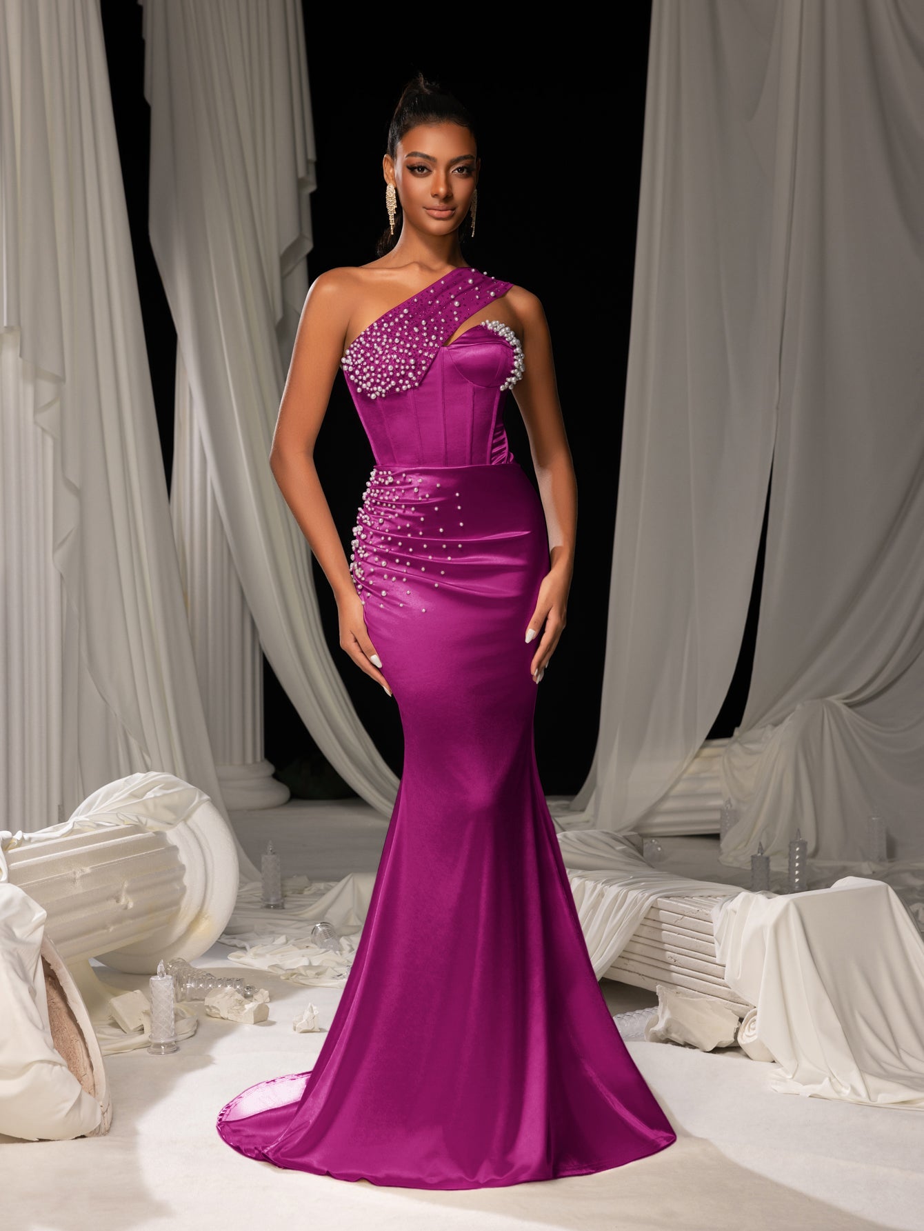 Elegant One Shoulder Mermaid Hem Satin Evening Dress with Pearl Accents