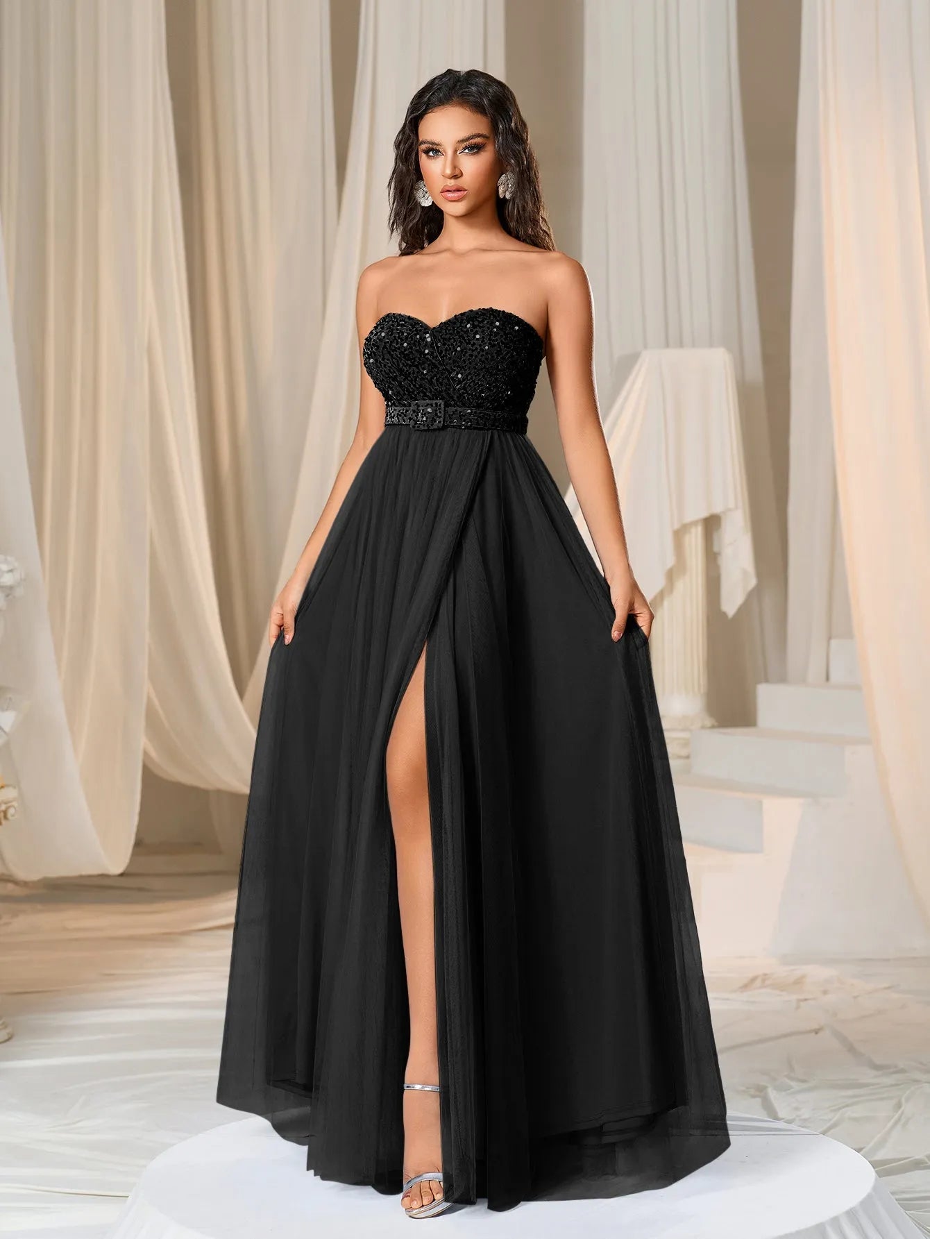 Elegant Strapless Split Thigh A-line Formal Evening Dress Blue / M Elegant Strapless Split Thigh A-line Formal Evening Dress Blue / M