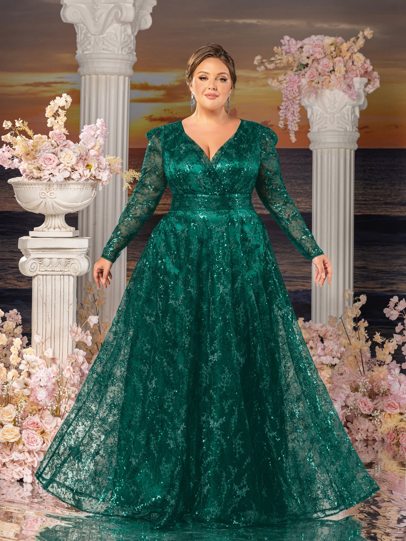 Plus Womens' Elegant Lace & Sequin Evening Gown - V-Neck Long Sleeve Design with Cinched Waist & Flowing A-Line Skirt for Coastal Weddings, Luxury Evening Events