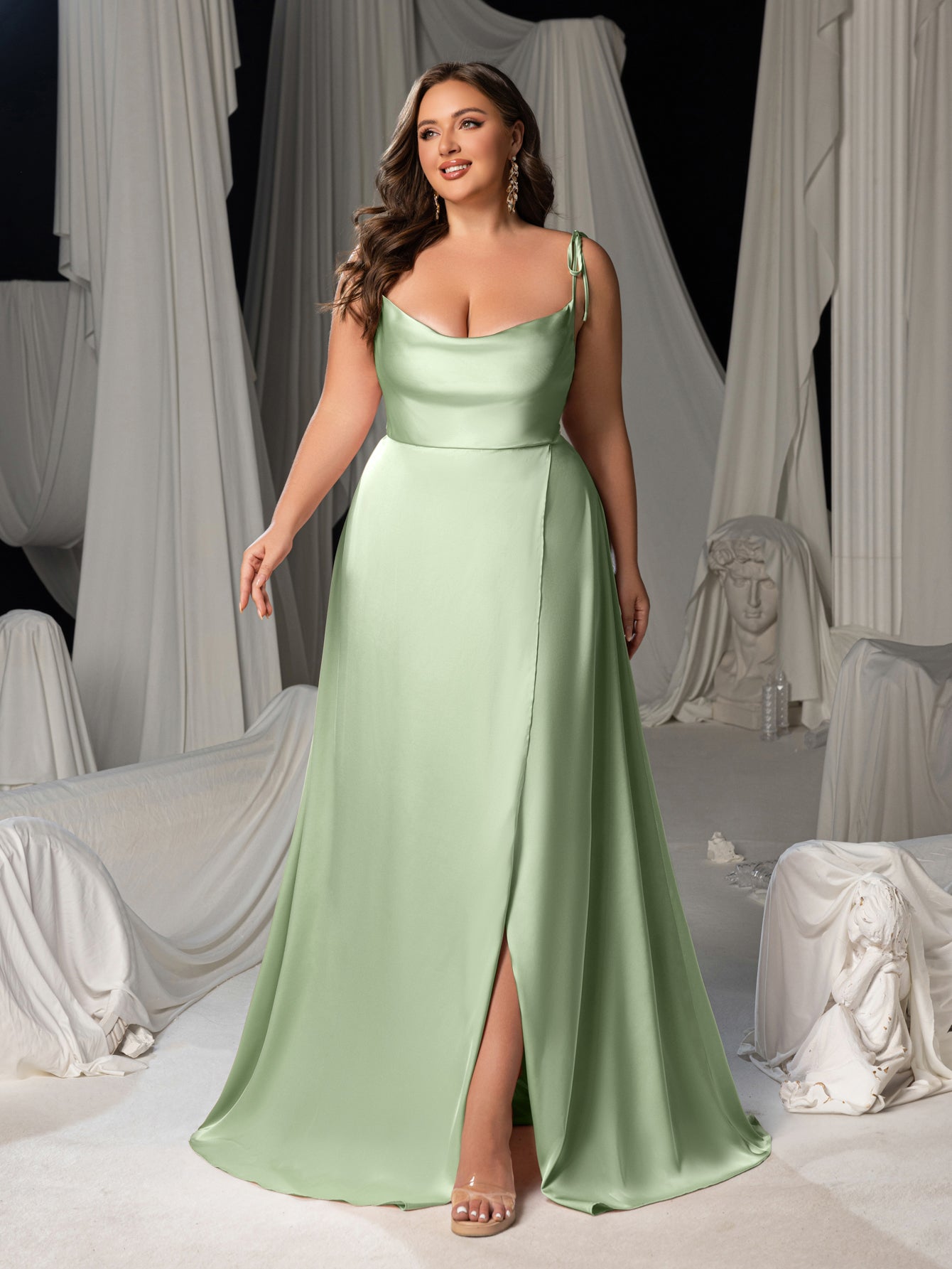 Plus Satin Spaghetti Straps Formal Evening Dress with High Slit