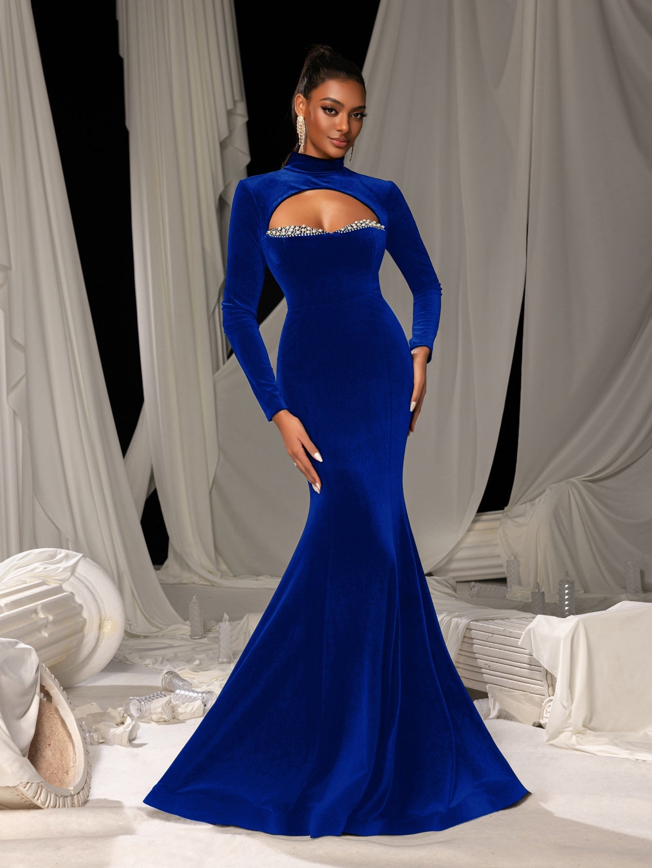 Elegant Velvet High-Neck Mermaid Gown with Chest Cutout, Rhinestone Accents & Floor-Length Train