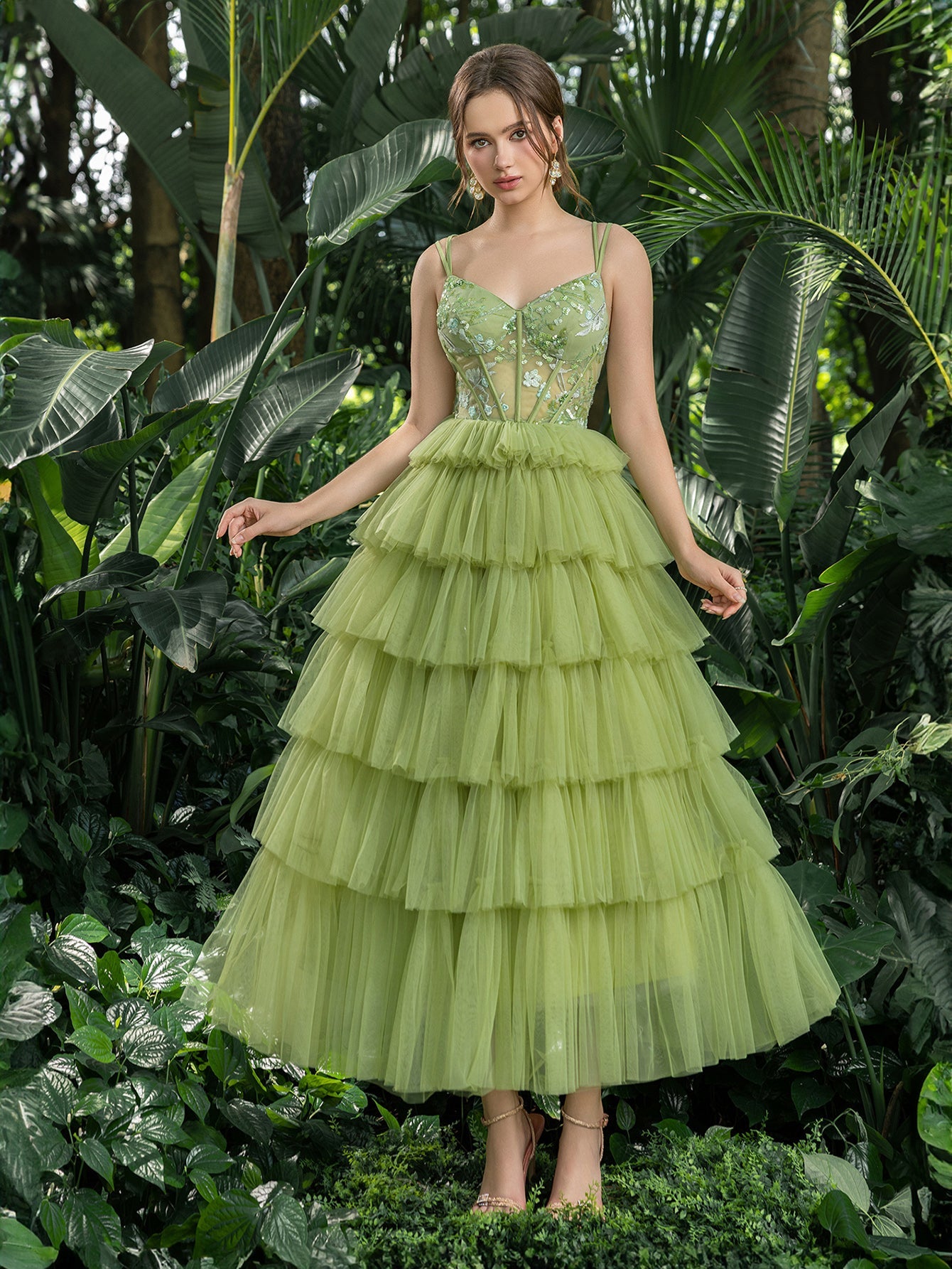 Midi Elegant Tulle Party Dress with Floral Embroidery & Tiered Ruffle Green / L Midi Elegant Tulle Party Dress with Floral Embroidery & Tiered Ruffle Green / L