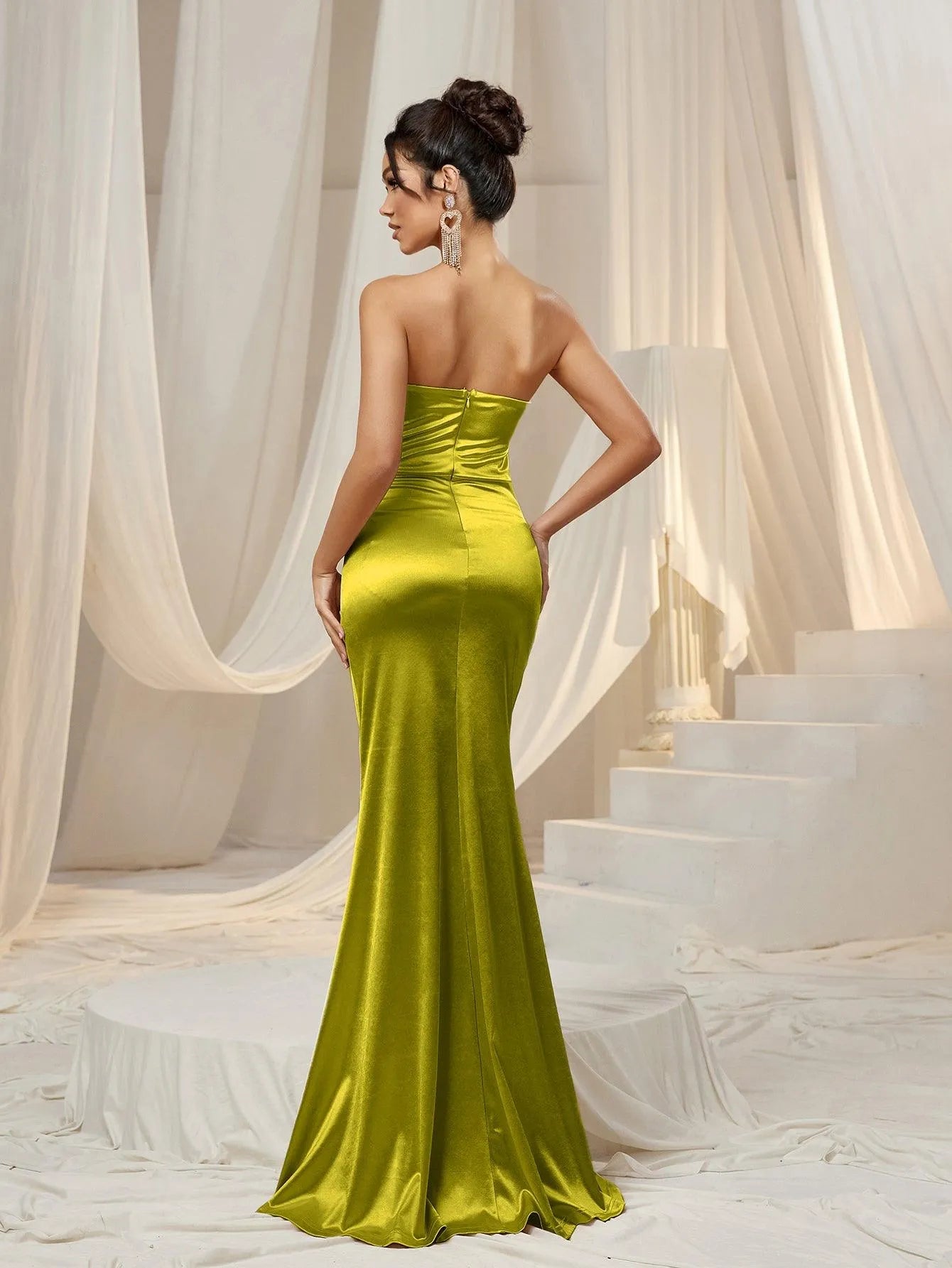 Ruched Wrap Mermaid Hem Satin Party Tube Dress Dark Green / M Ruched Wrap Mermaid Hem Satin Party Tube Dress Dark Green / M
