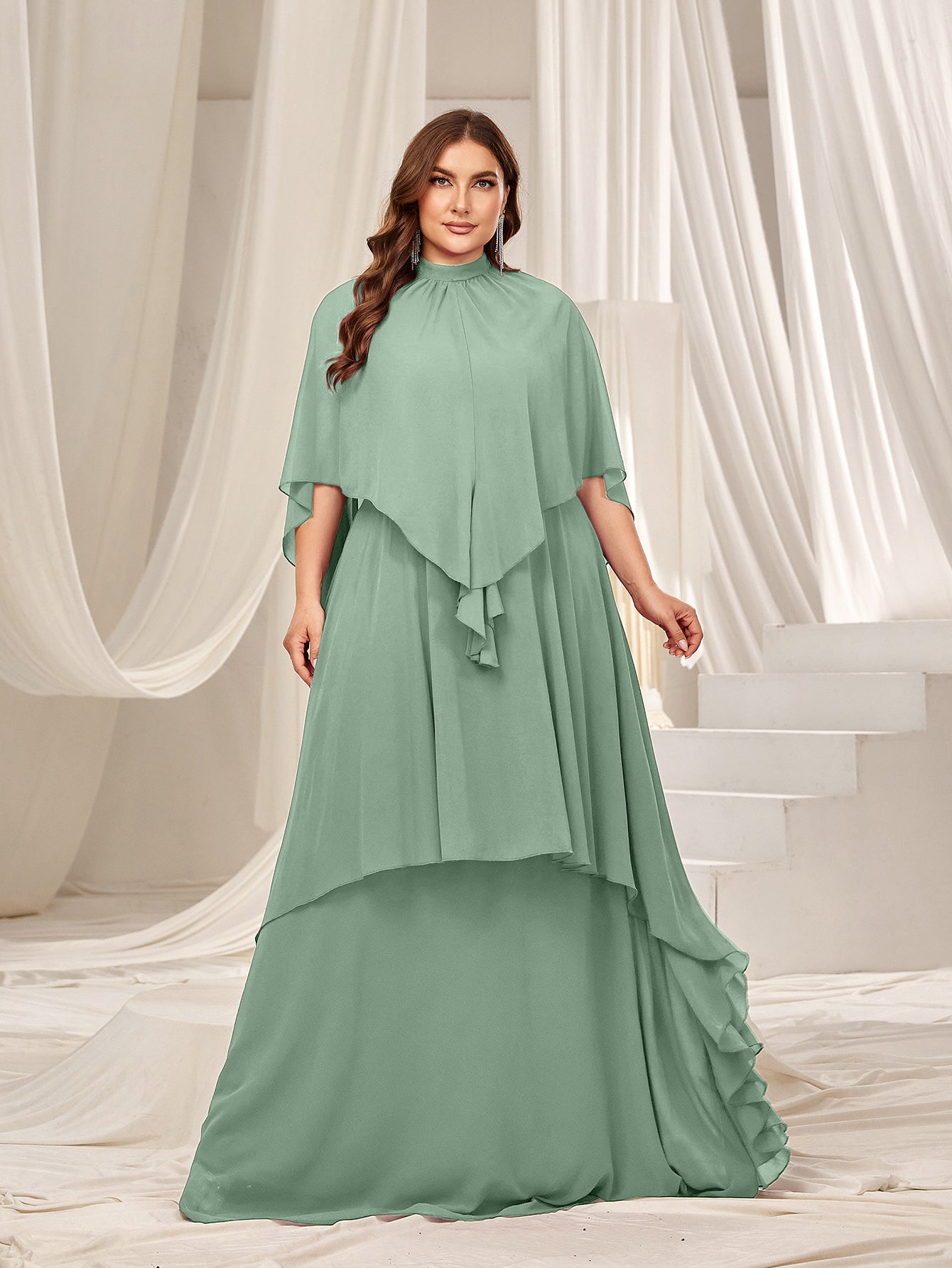 Plus Mock Neck Layered Hem Chiffon Dress