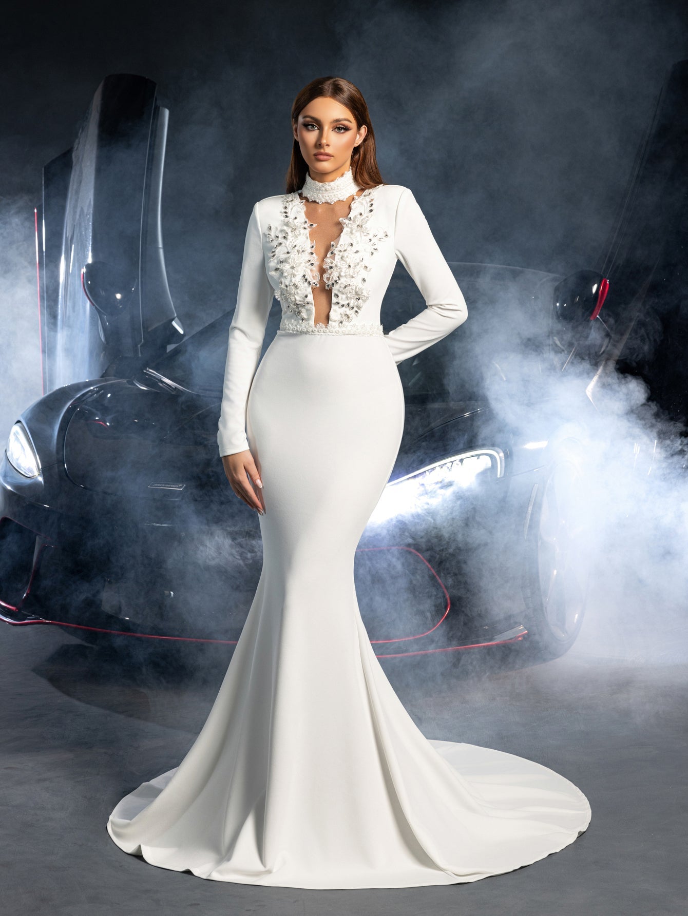 Elegant Applique Embellished Mock Neck Long Sleeves Mermaid Hem Weddi, White / S Elegant Applique Embellished Mock Neck Long Sleeves Mermaid Hem Weddi, White / S