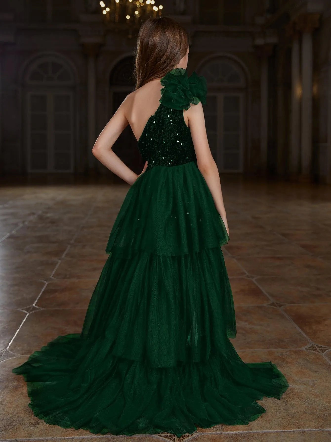 Tween Girls' One Shoulder Mesh Layered Hem Sequin Dress Army Green / 11Y Tween Girls' One Shoulder Mesh Layered Hem Sequin Dress Army Green / 11Y