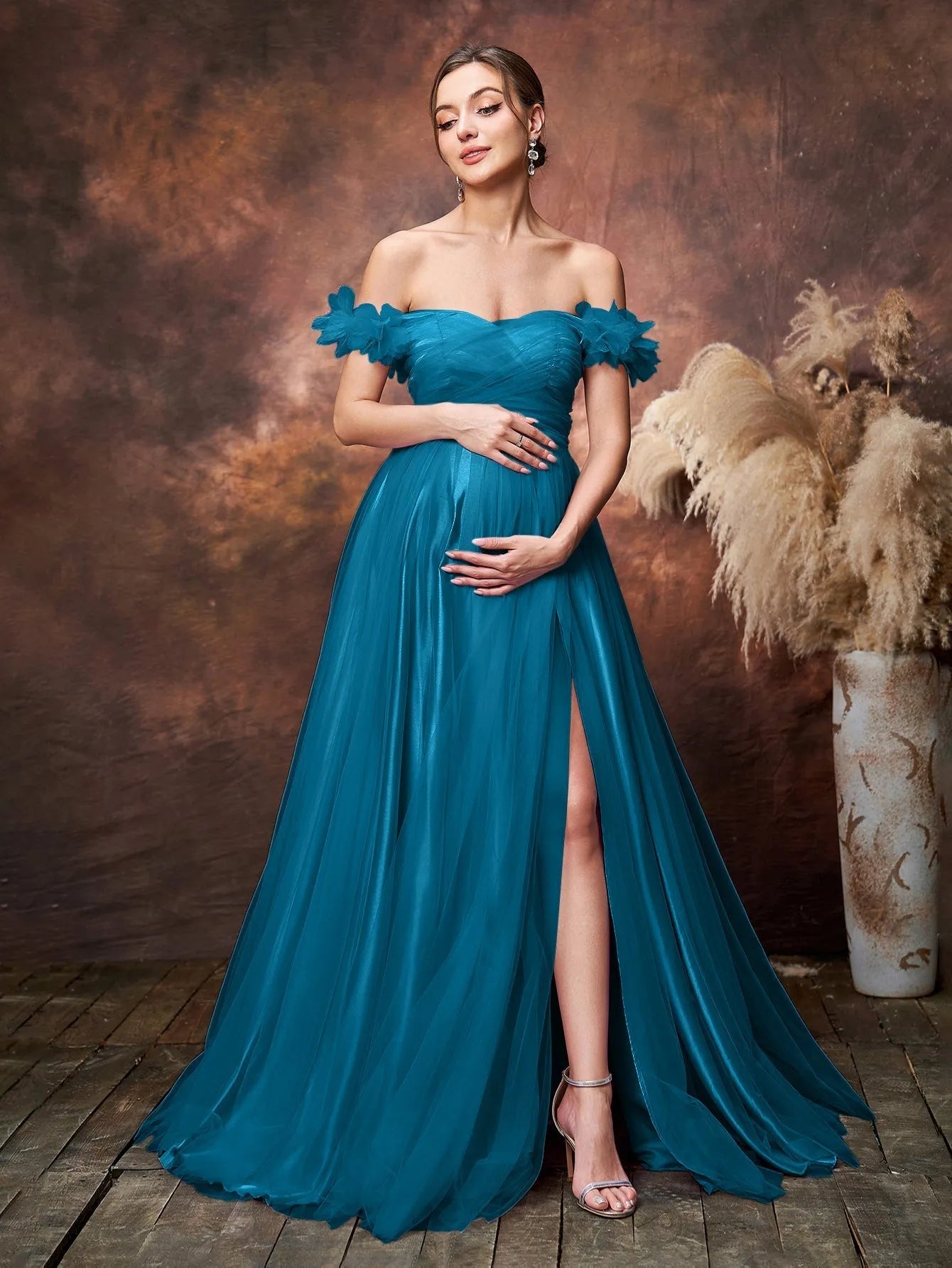 Maternity Off Shoulder Ruched Front Split Mesh Party Dress Teal Blue / S