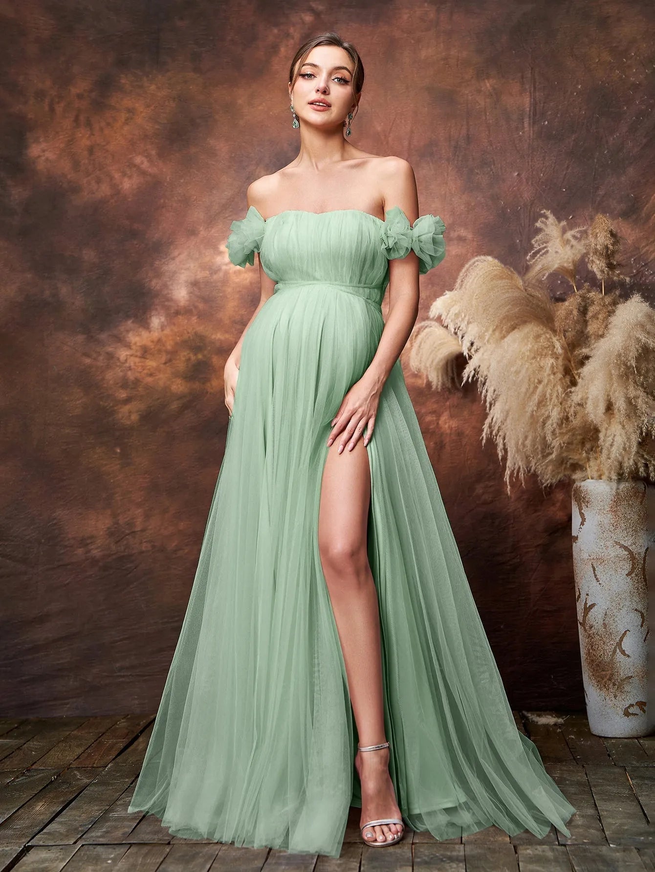 Maternity Off Shoulder Ruched Bust Split Tulle Evening Dress Blue Ashes / L Maternity Off Shoulder Ruched Bust Split Tulle Evening Dress Blue Ashes / L