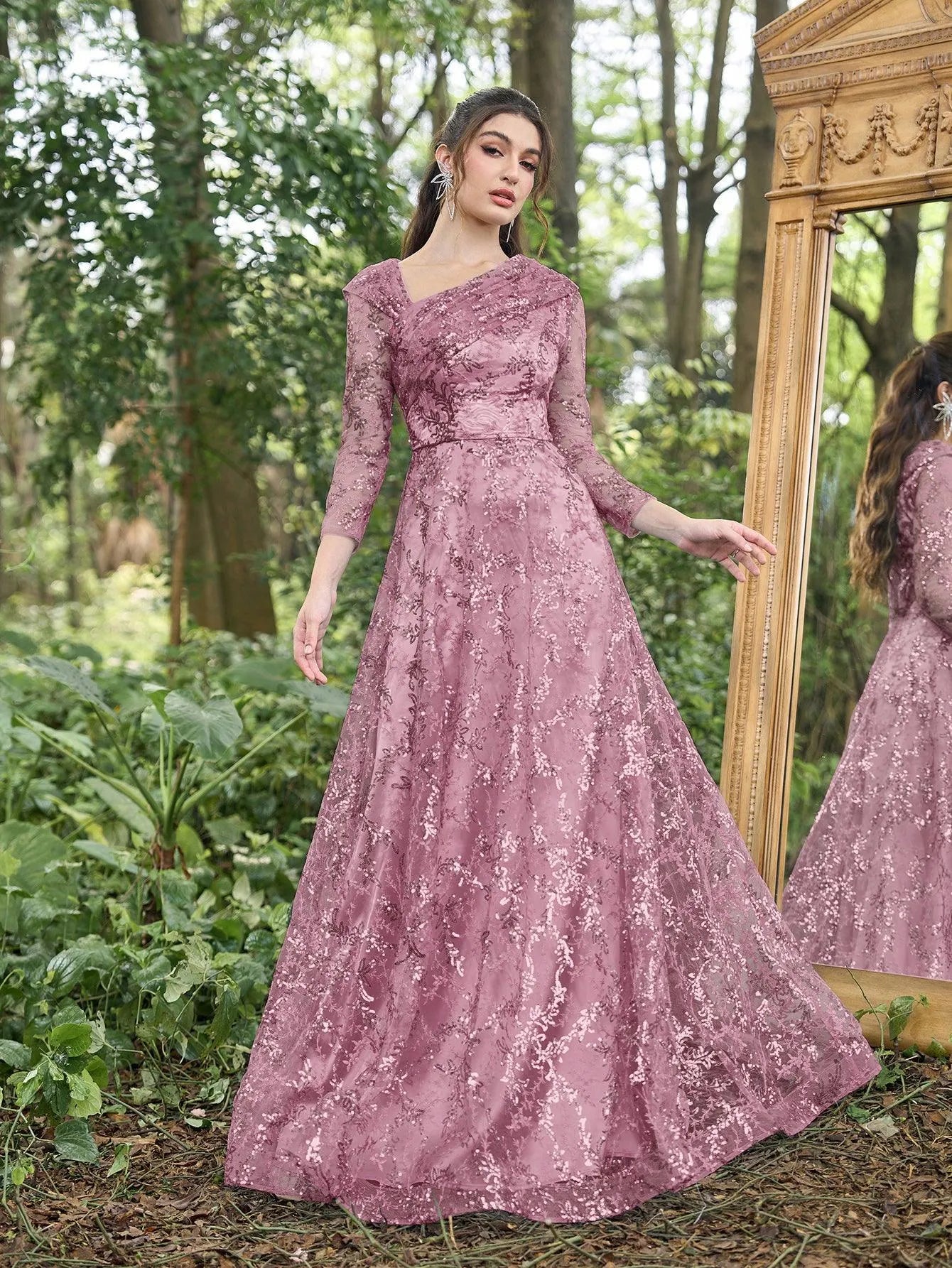 3 4 sleeve beaded dress Ladivine CC446 Three Quarter Sleeve Beaded Chiffon Dress Indigo Grey / 18