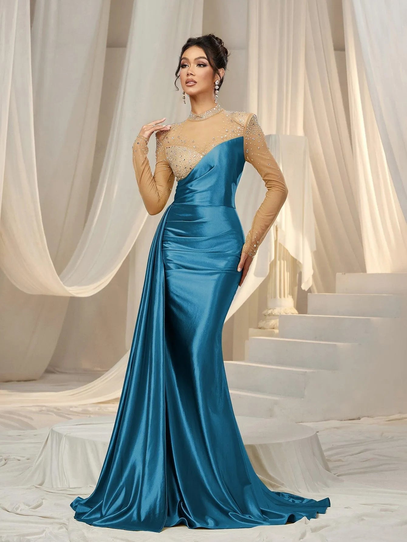mock neck prom dress Plus Turtleneck Sequin Prom Dress P0147