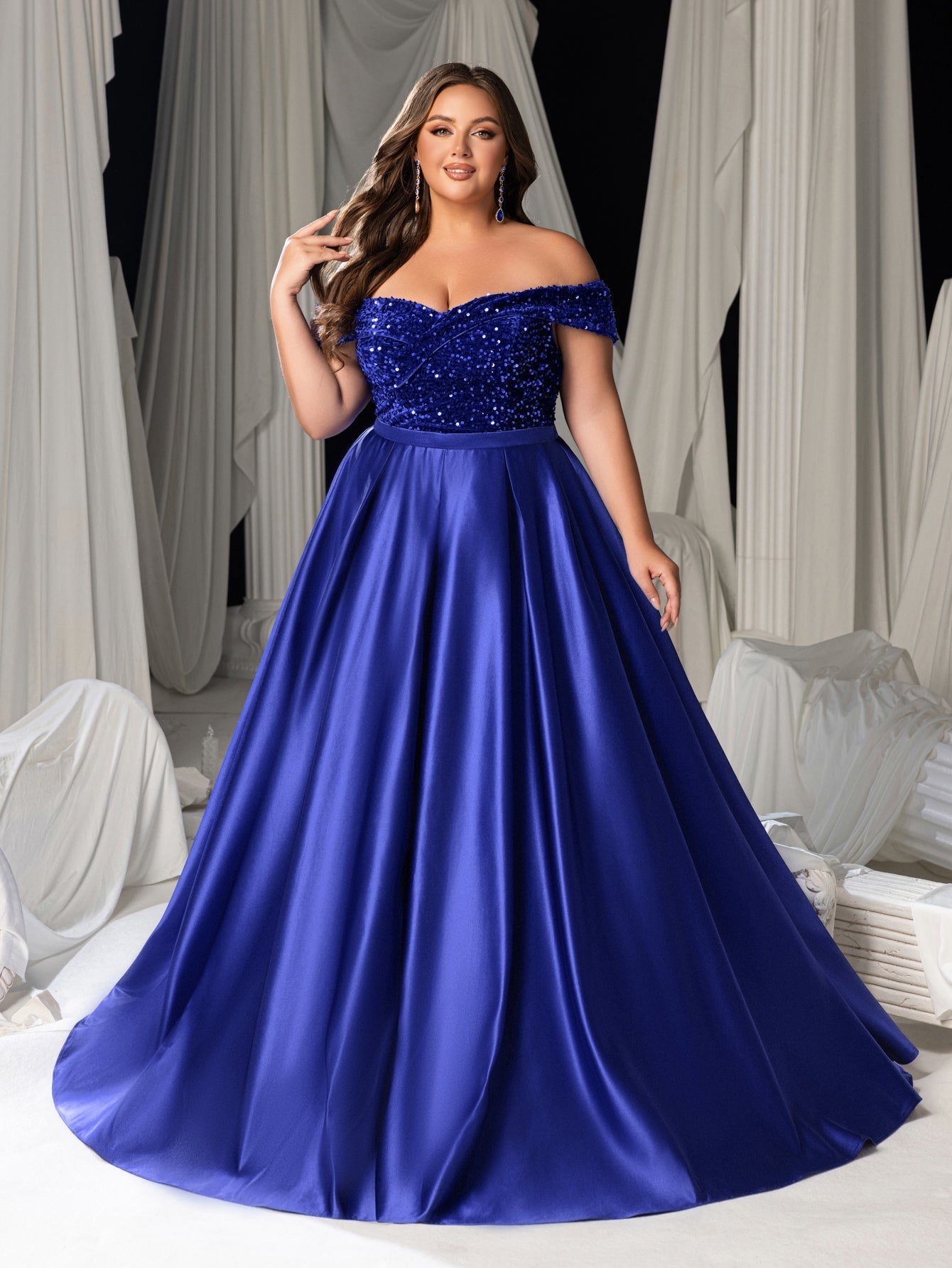 Plus Size Off-Shoulder Sequin Evening Gown - Formal Dress with Voluminous Satin Skirt