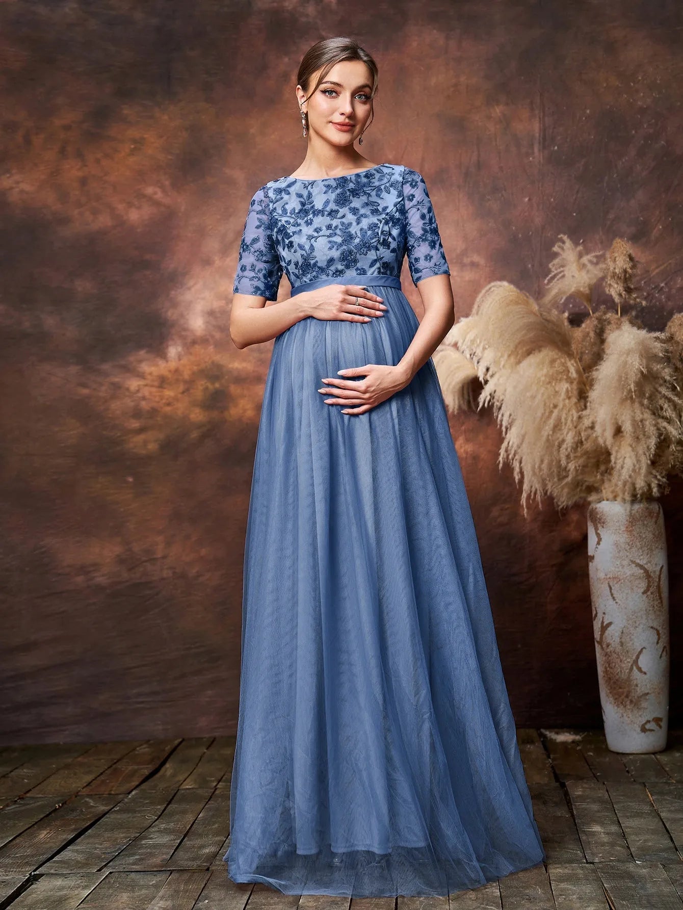Maternity Floral Sequin Embroidered Bodice Formal Party Dress Blue Ashes / XXL Maternity Floral Sequin Embroidered Bodice Formal Party Dress Blue Ashes / XXL