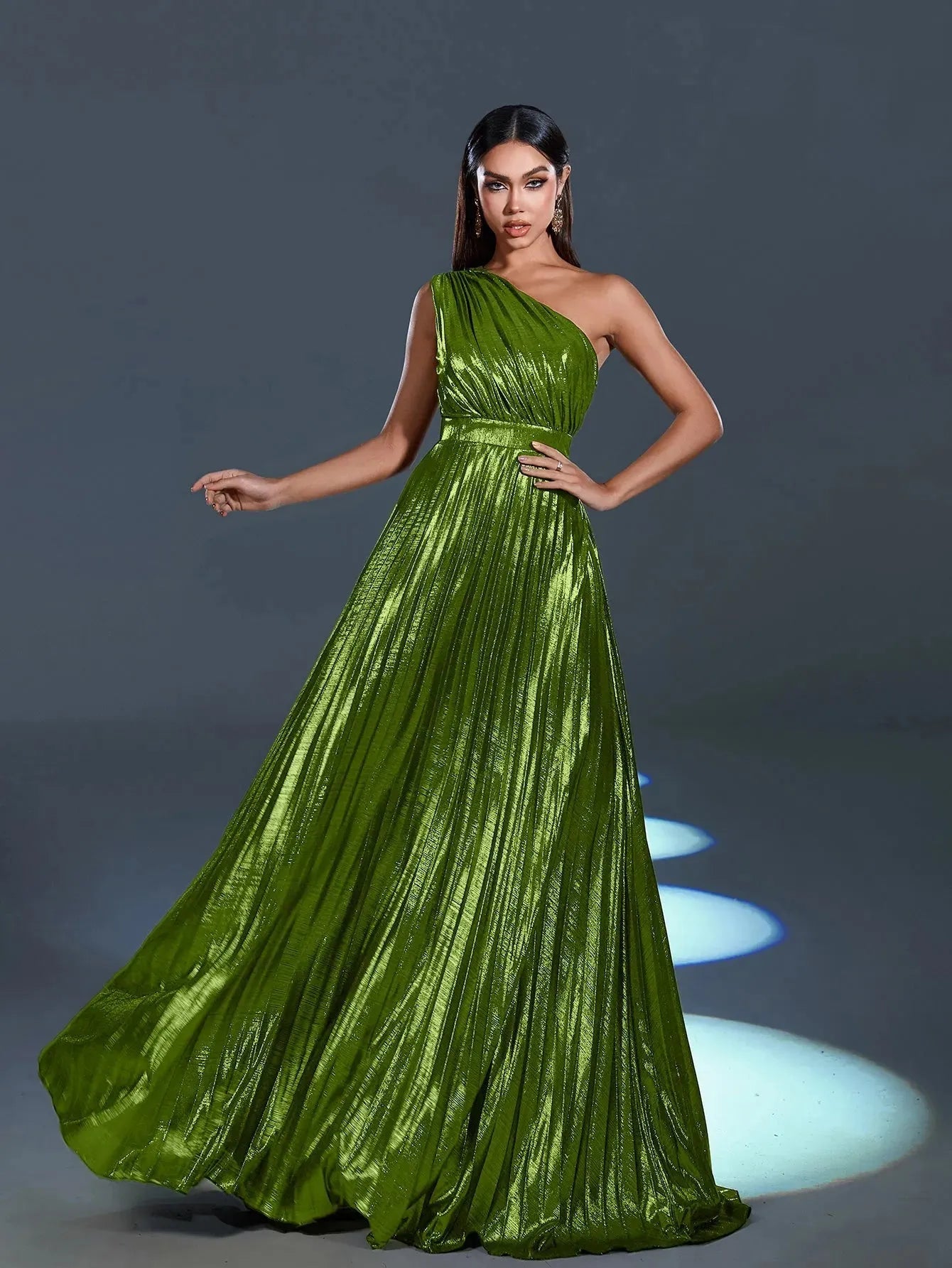 Metallic One Shoulder Sleeveless Pleated Evening Dress Bronze / S Metallic One Shoulder Sleeveless Pleated Evening Dress Bronze / S
