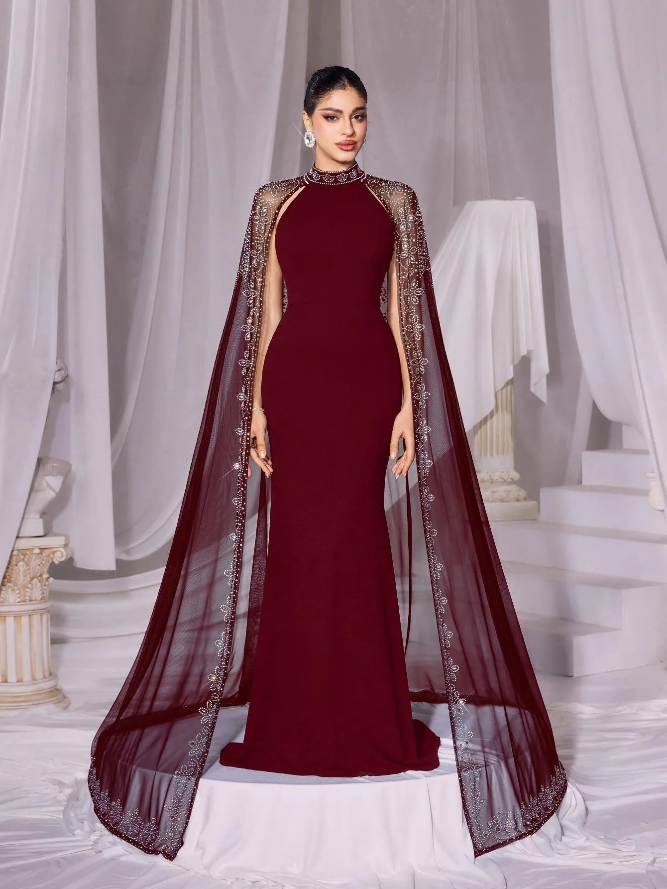 Rhinestone Detail Mock Neck Mermaid Hem Formal Cape Dress Black / XS Rhinestone Detail Mock Neck Mermaid Hem Formal Cape Dress Black / XS