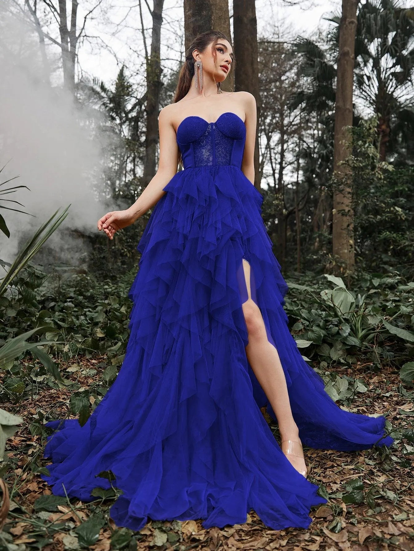 Elegant Lace Bodice Contrast Split Ruffle Layered Hem Prom Tube Dress Royal Blue / XL