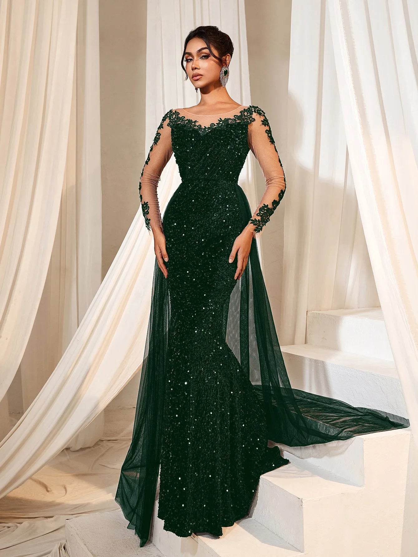 Elegant Sheer Sleeves Mesh Train Sequin Evening Dress Royal Blue / S Elegant Sheer Sleeves Mesh Train Sequin Evening Dress Royal Blue / S