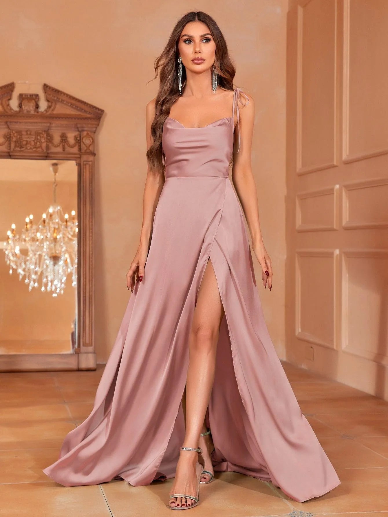 Elegant Tie Shoulder Satin Bridesmaid Dress Mauve / S Elegant Tie Shoulder Satin Bridesmaid Dress Mauve / S