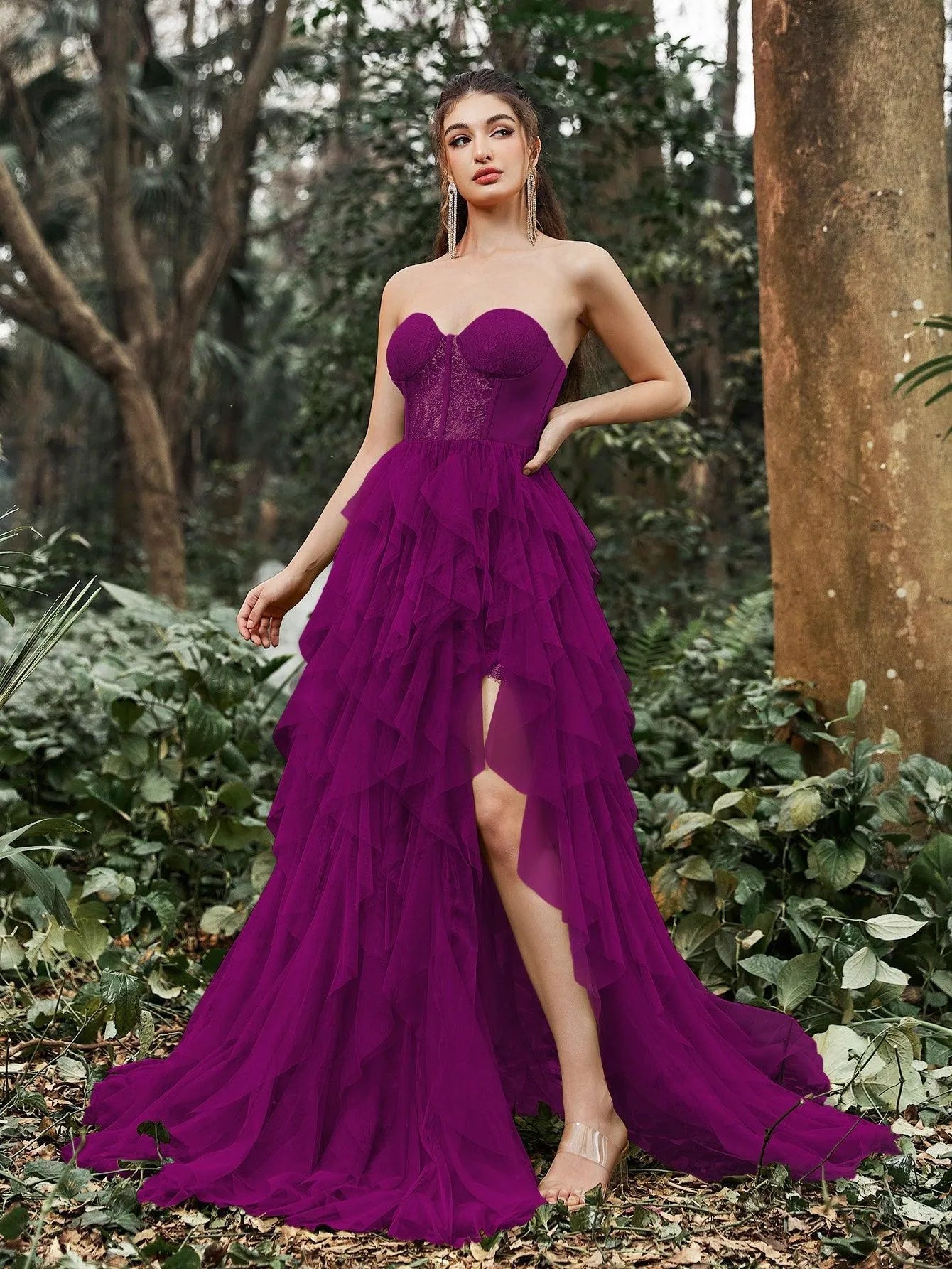 Elegant Lace Bodice Contrast Split Ruffle Layered Hem Prom Tube Dress Faeriesty Elegant Lace Bodice Contrast Split Ruffle Layered Hem Prom Tube Dress Faeriesty