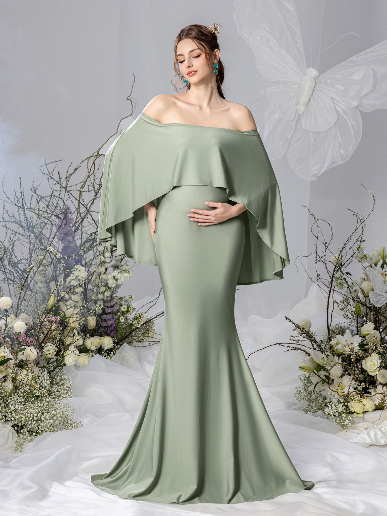 off shoulder cape sleeve dress Luxury Tassel Lilac Off Shoulder Evening Dress with Cape SS708