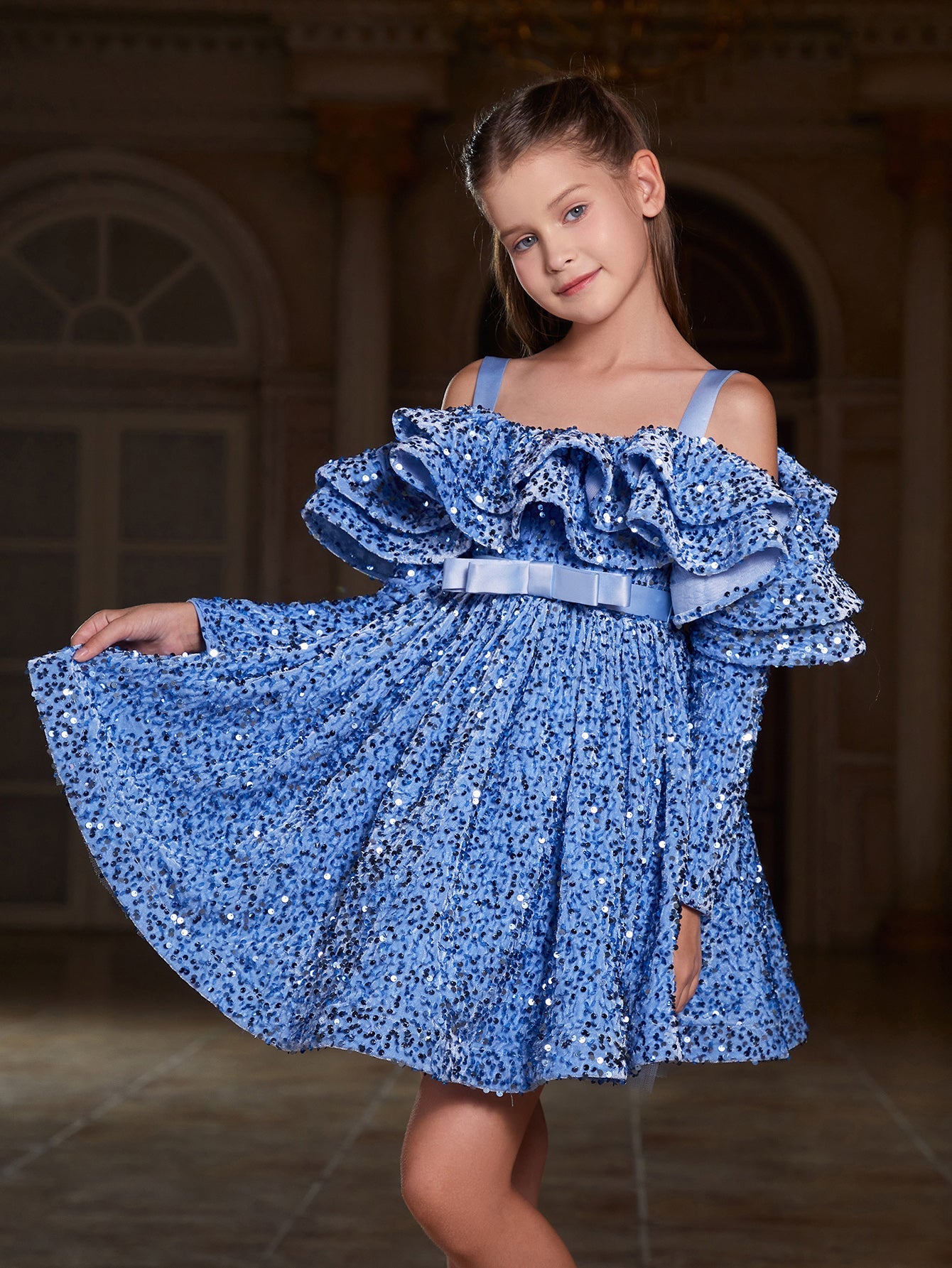 Girl's Off Shoulder Layered Ruffle Trim Sequin Party Dress