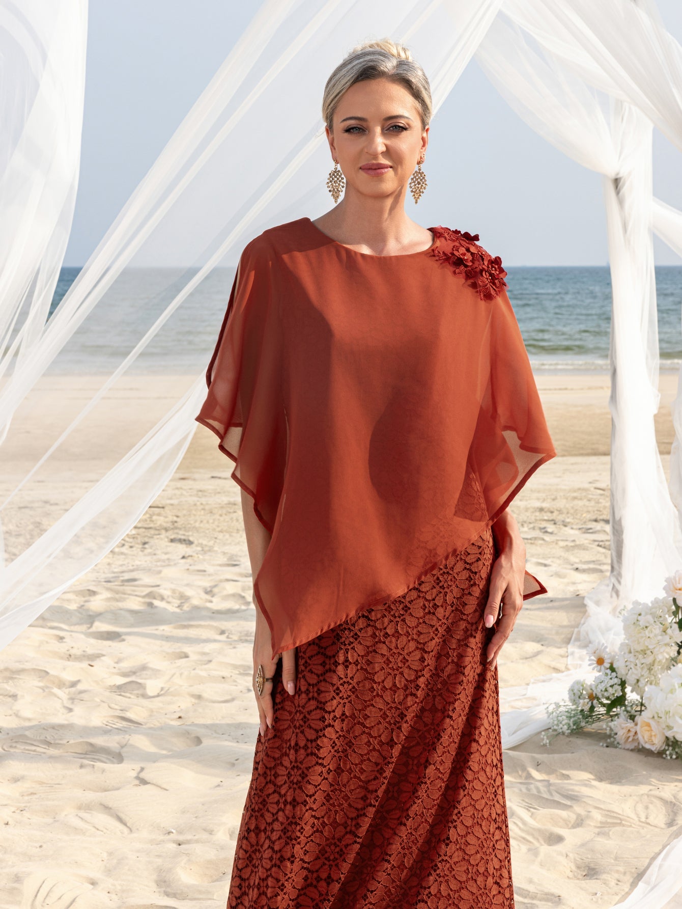 Womens' Elegant Cape-Style Evening Gown with 3D Floral Appliqués on One Shoulder, Intricate Lace Maxi Skirt & Back Zipper Closure for Outdoor Ceremonies, Formal Garden Parties & Upscale Evening Events