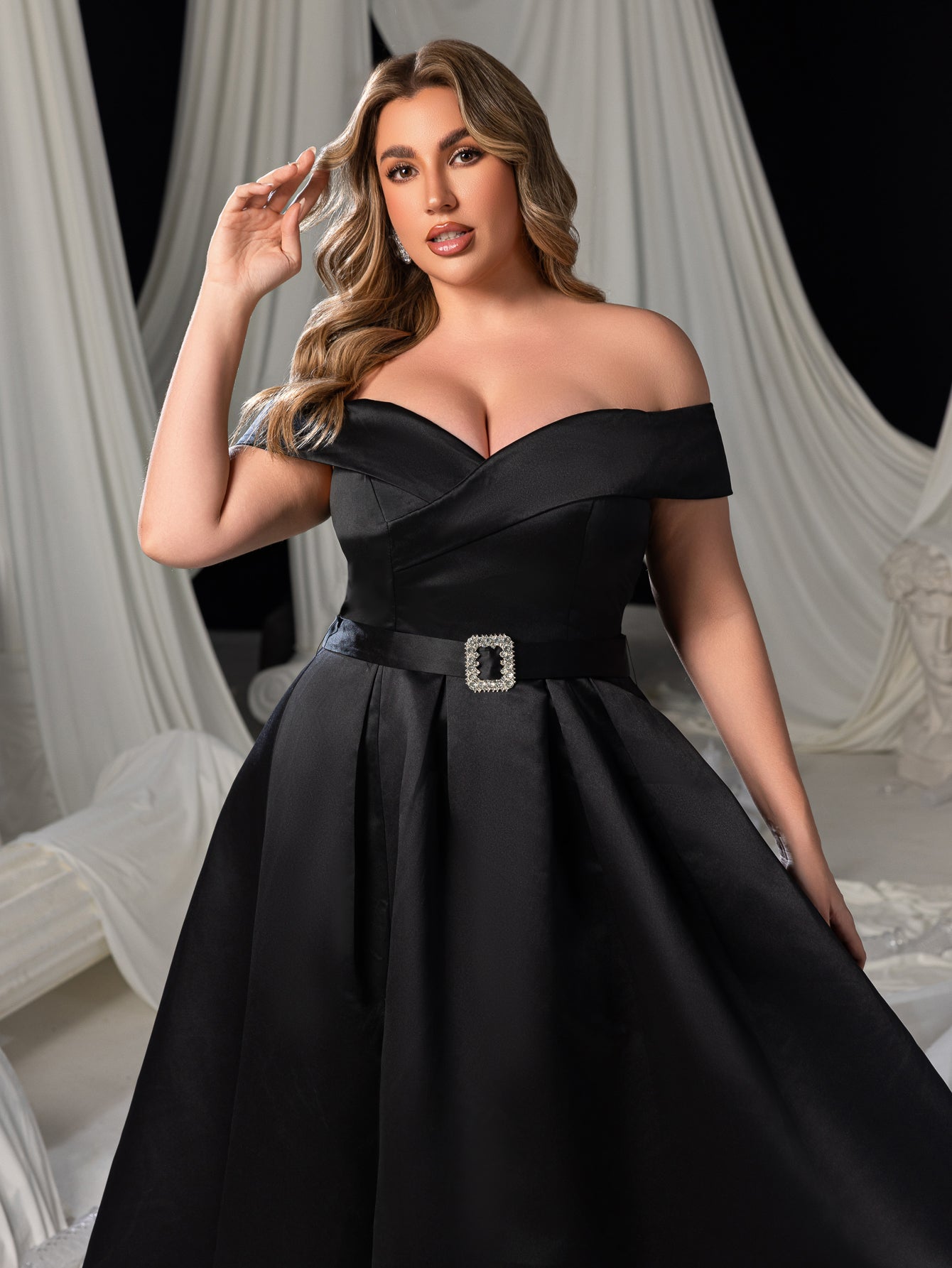 Plus Off Shoulder Buckle Belted Satin Ball Gown
