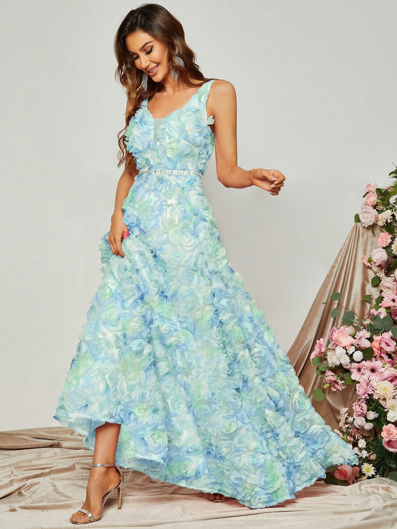 Elegant Scoop Neck Sleeveless 3D Flower A-Line Dresses