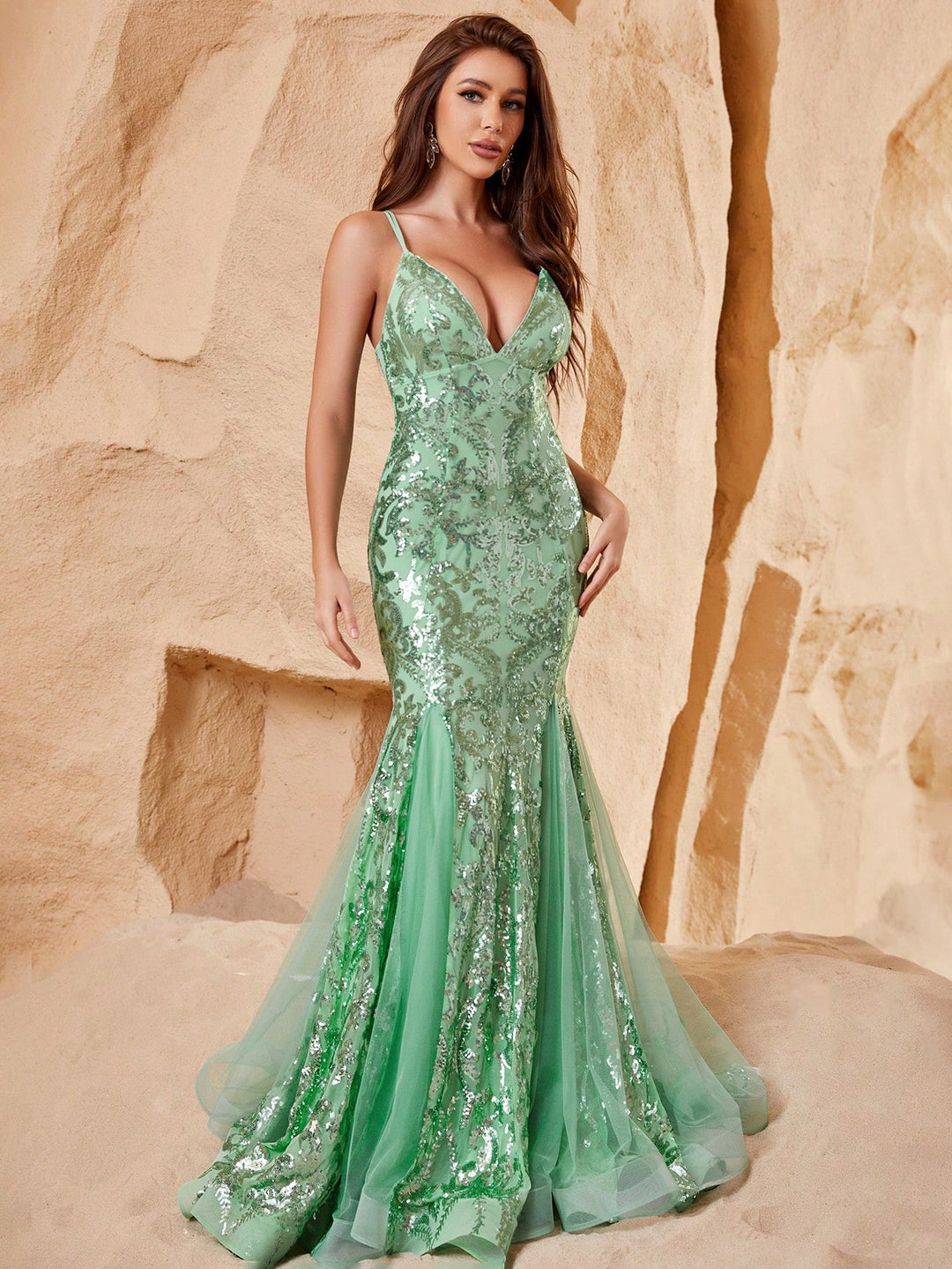 Back Lace Up Sequin Dresses With Organza Mermaid Hem