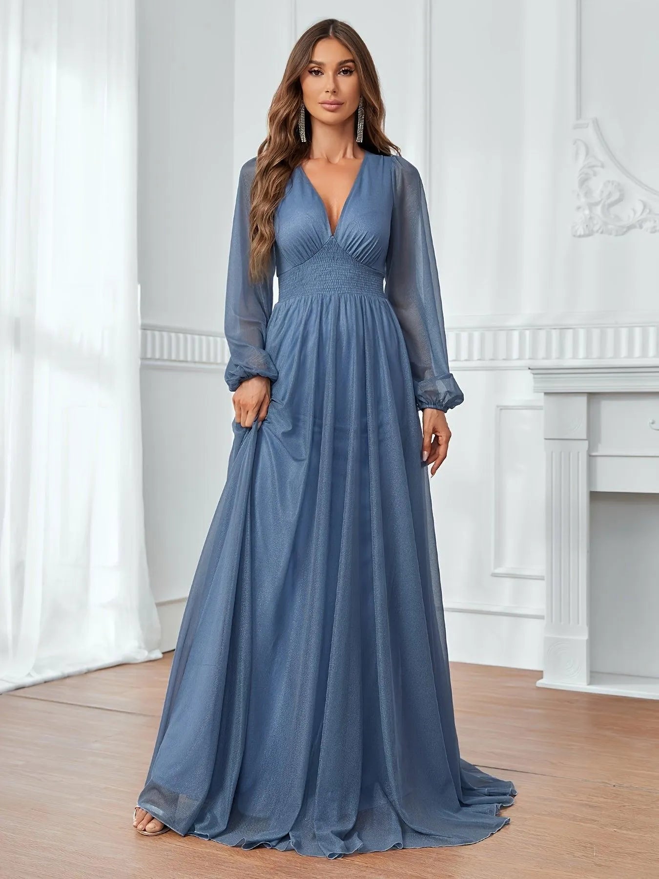 Elegant Shirred Waist Maxi A Line Dress Blue Ashes / XL Elegant Shirred Waist Maxi A Line Dress Blue Ashes / XL