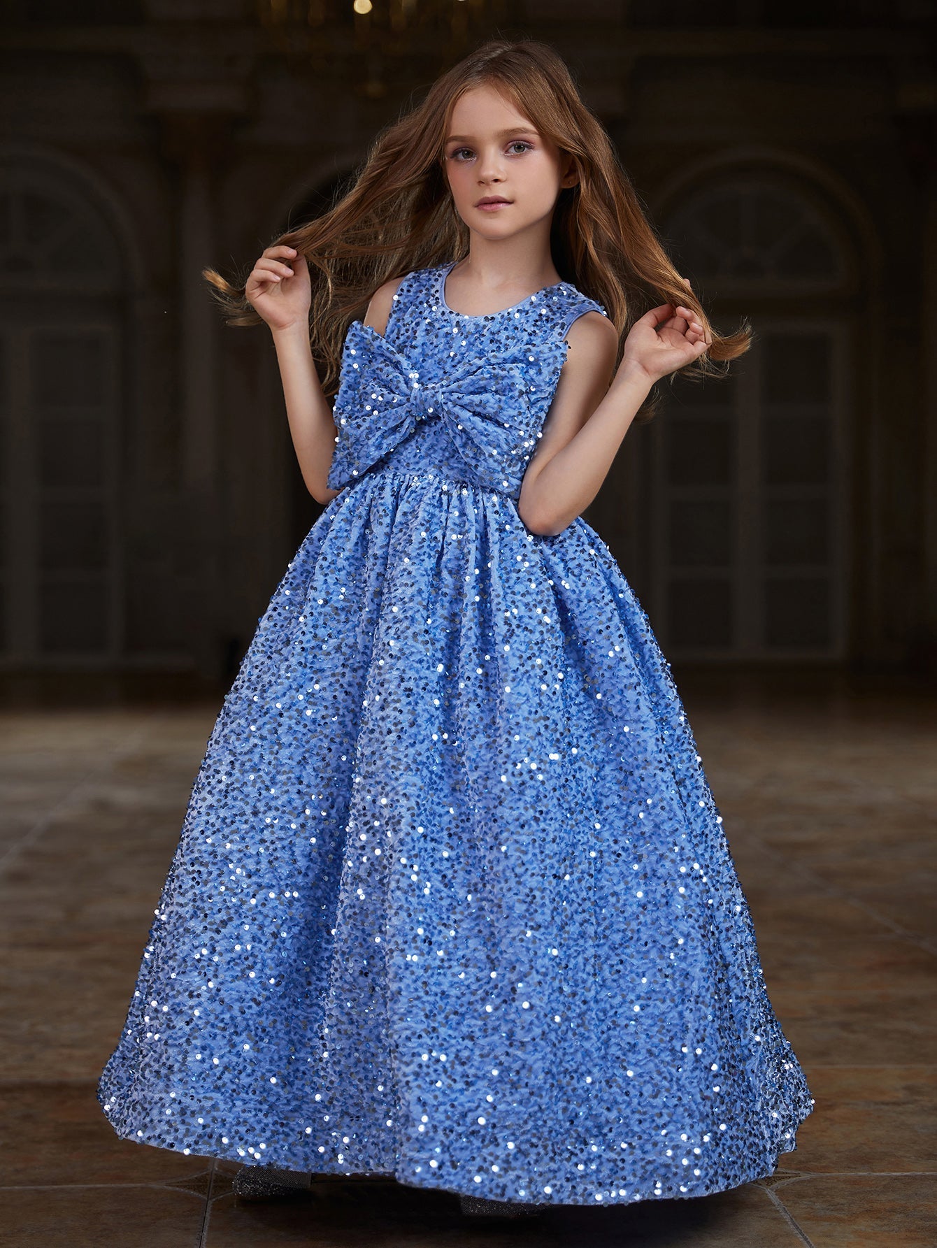 Girl's Cute Sleeveless Bow Front Sequin Party Dress