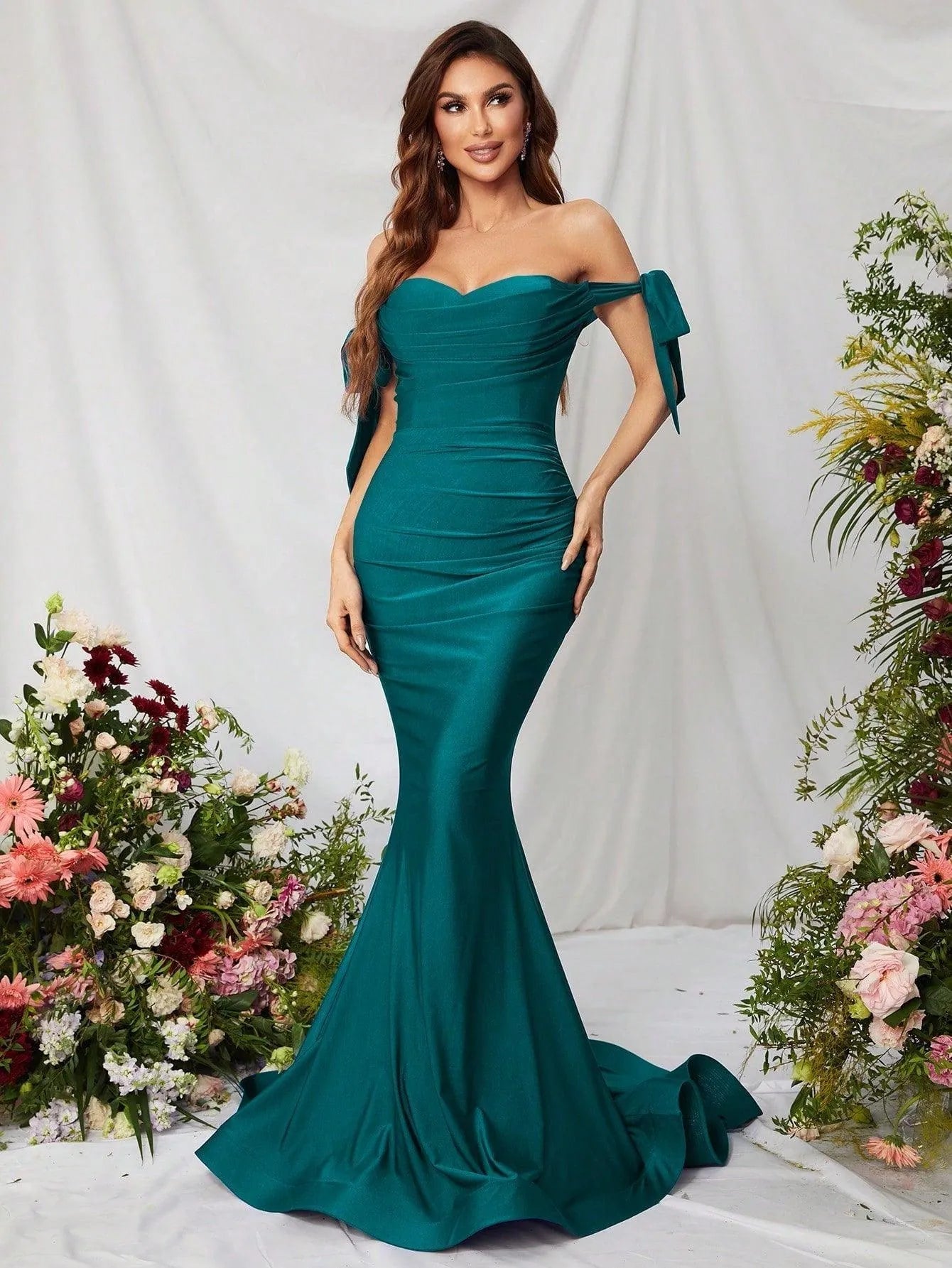 Off Shoulder Knot Side Ruched Front Mermaid Dress Pink / XL Off Shoulder Knot Side Ruched Front Mermaid Dress Pink / XL