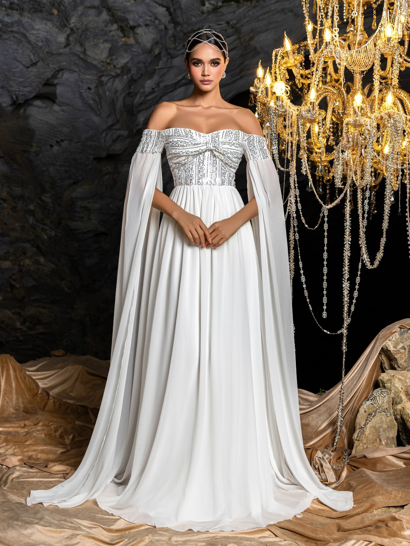Sequin Bodice with Draped Sleeves and Flowing Skirt
