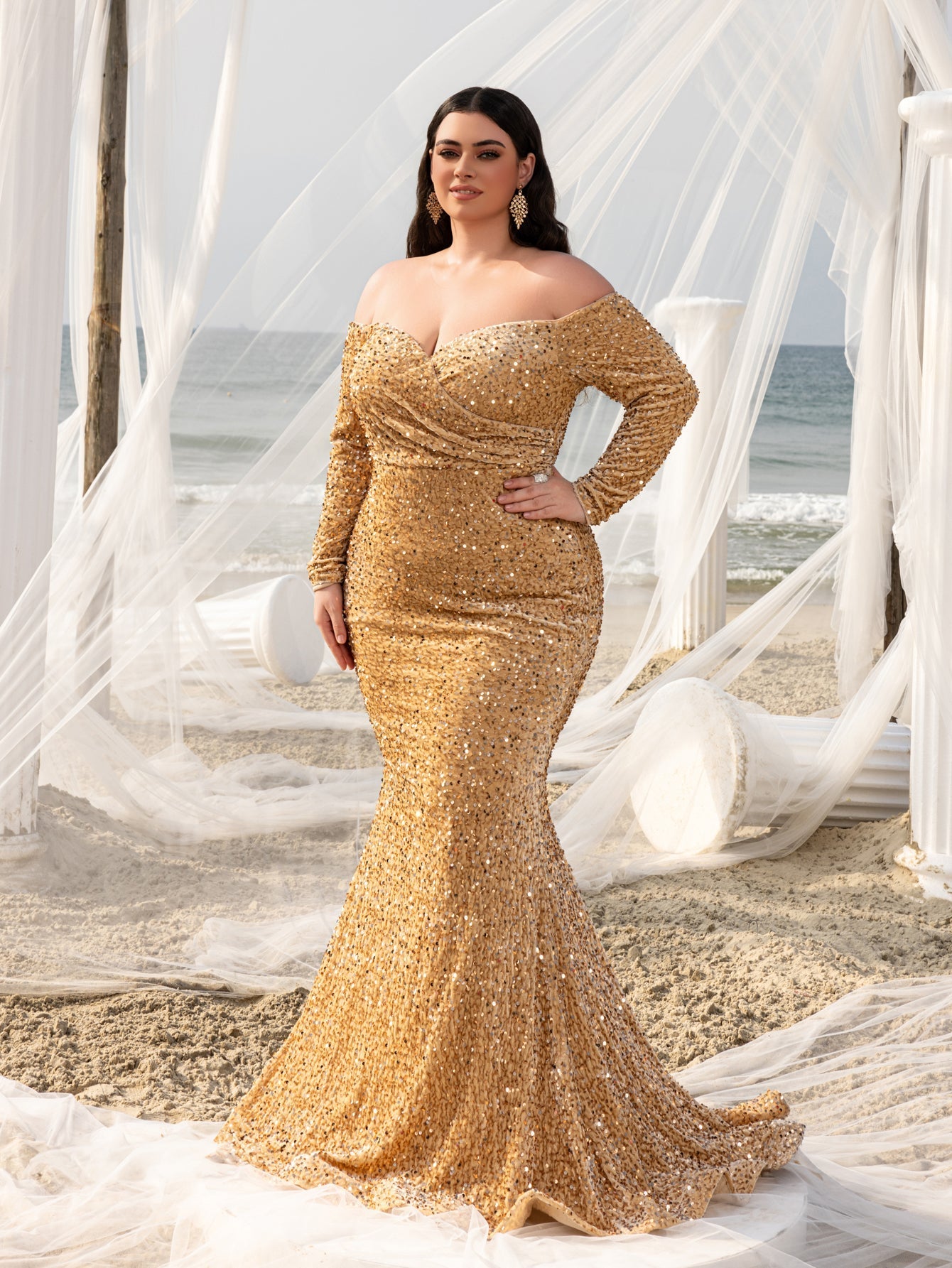 Plus Elegant Off Shoulder Lone Sleeves Mermaid Hem Sequin Evening Dress