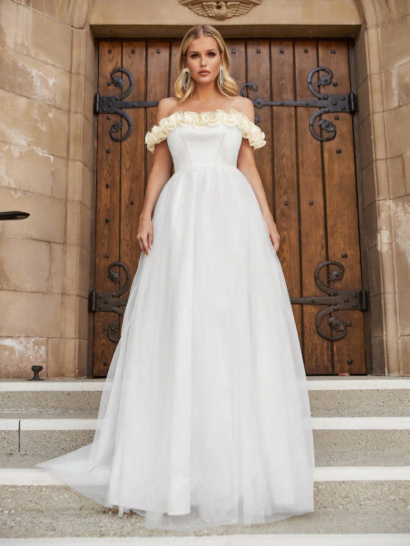 Off Shoulder Satin Bodice Contrast Organza Hem Wedding Dresses White / XS Off Shoulder Satin Bodice Contrast Organza Hem Wedding Dresses White / XS