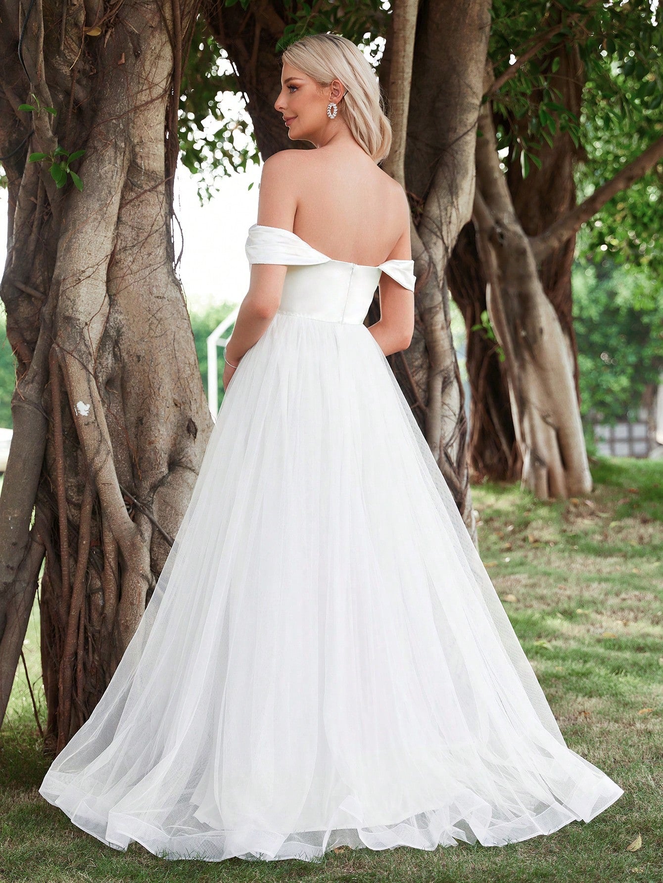 Rhinestone Detail Off Shoulder Satin Bodice Contrast Mesh Hem Wedding Dress
