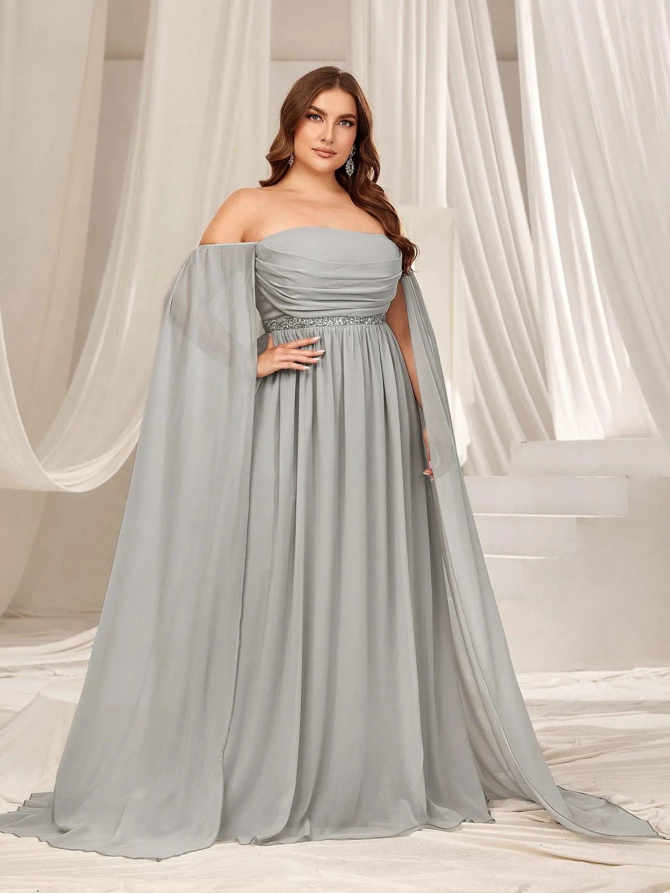 plus size chiffon prom dresses Xpluswear Design Plus Size Formal Champagne Round Neck Long Sleeve Split Elegant See Through Sequin Chiffon Maxi Dresses