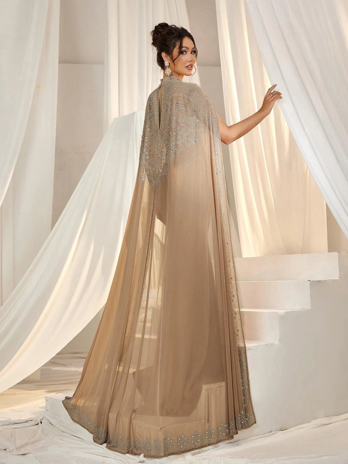 Rhinestone Detail Mock Neck Mermaid Hem Formal Cape Dress Rhinestone Detail Mock Neck Mermaid Hem Formal Cape Dress