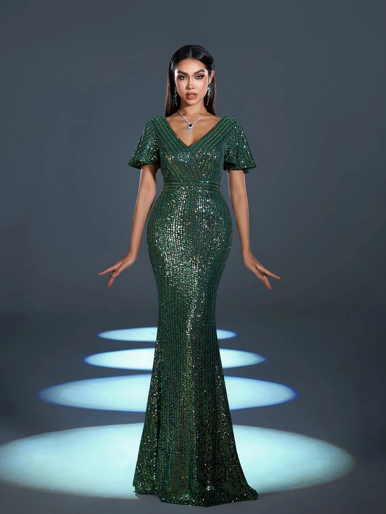 Elegant Sequin Butterfly Sleeves Mermaid Hem Evening Dress Green / M Elegant Sequin Butterfly Sleeves Mermaid Hem Evening Dress Green / M