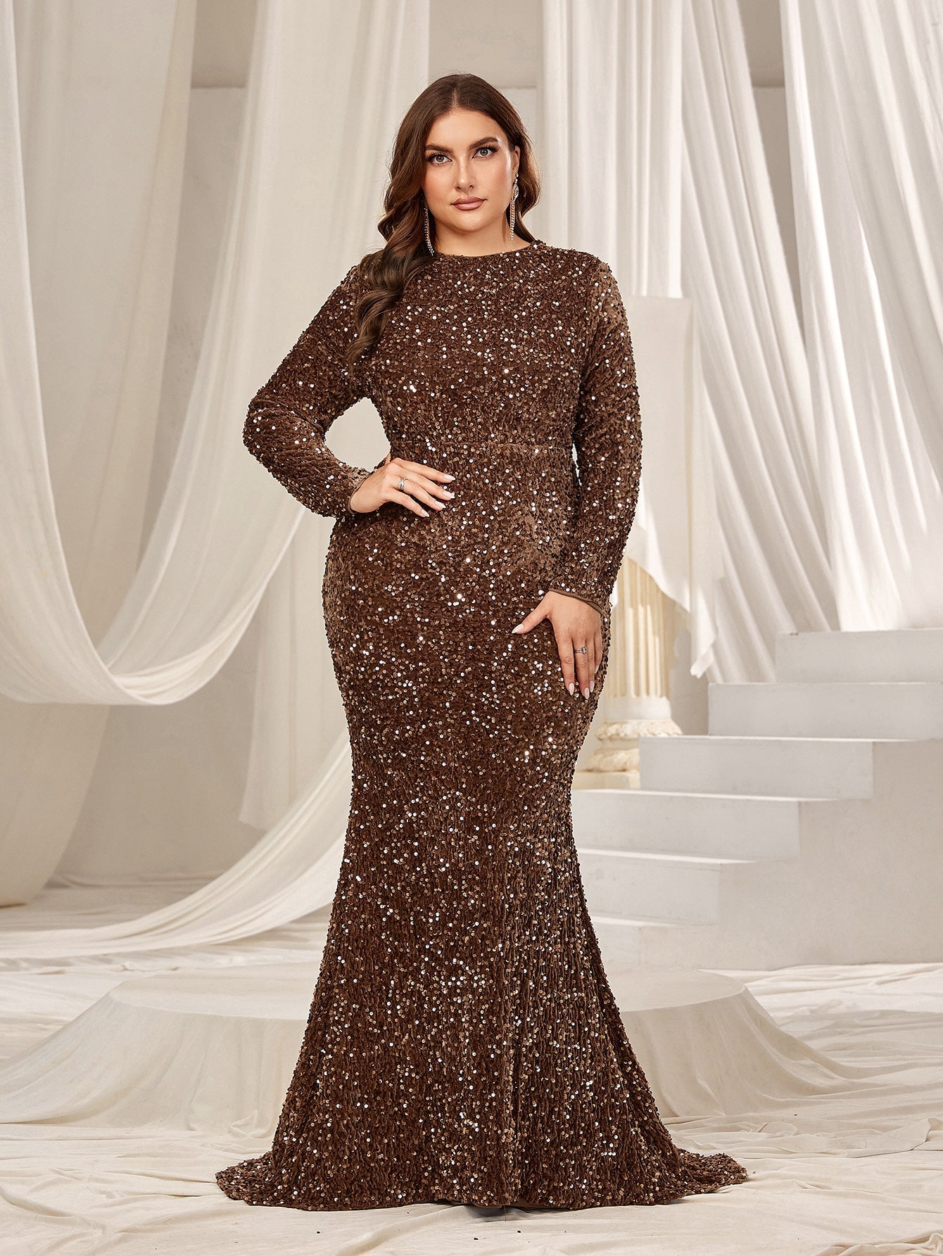 Plus Elegant Maxi Sequin Evening Gown with Mock Neck, Long Sleeves, and Mermaid Fishtail Skirt
