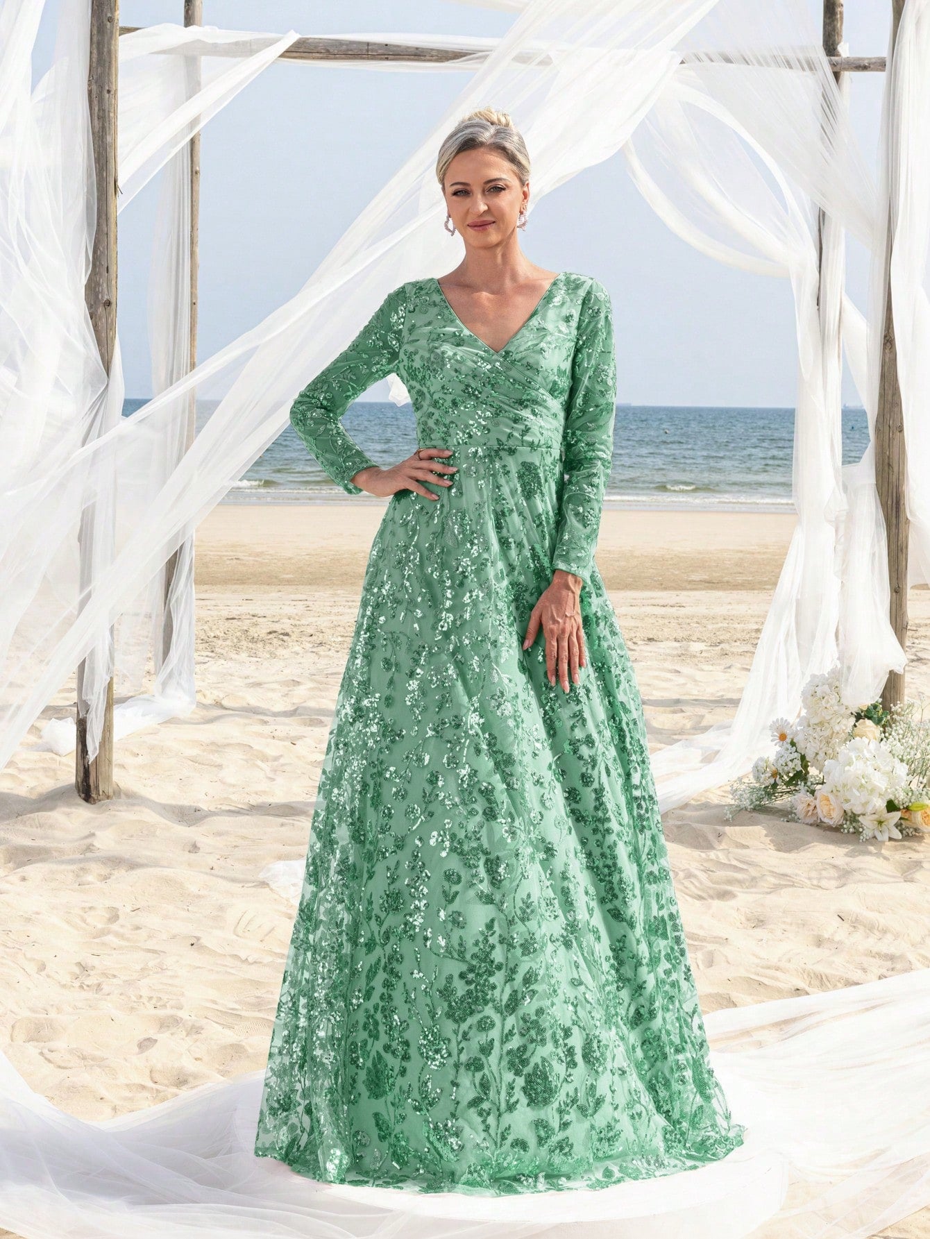 Womens' Elegant V-Neck Evening Gown with Delicate Lace & Silver Embroidery – Long Flowing Skirt for Seaside Weddings & Romantic Beach Events