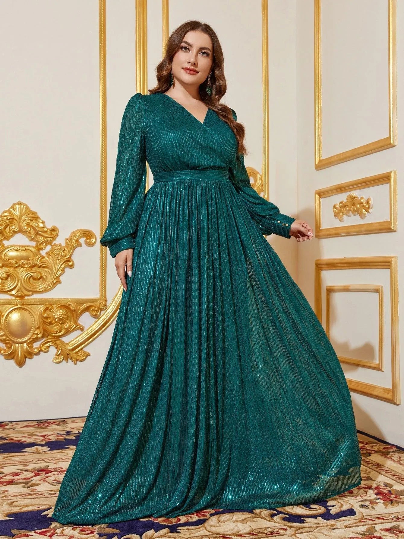 Plus V Neck Lantern Sleeve Sequin A Line Dresses Dark Green / 1XL Plus V Neck Lantern Sleeve Sequin A Line Dresses Dark Green / 1XL