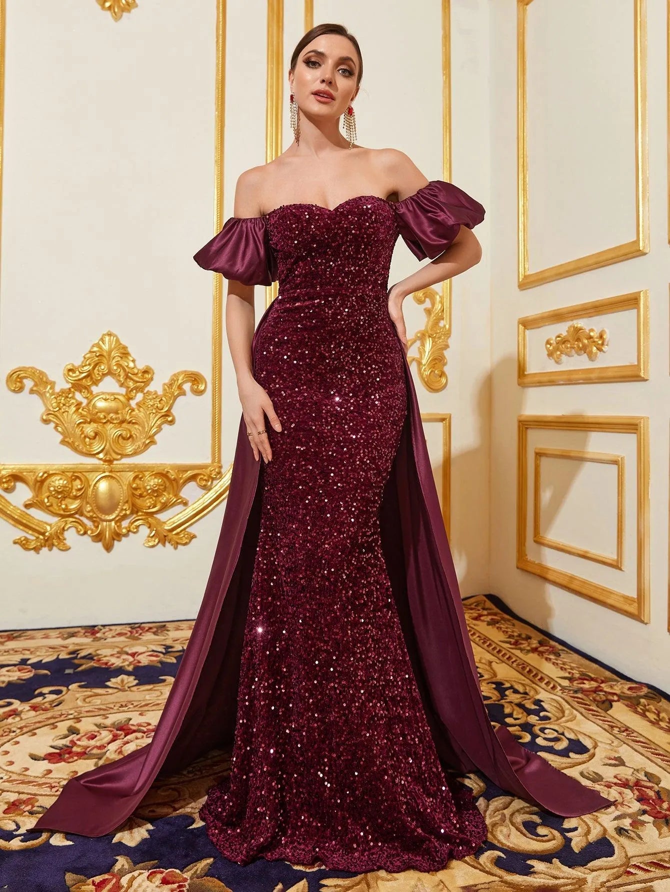 Off Shoulder Puff Sleeves Satin Sequin Mermaid Dress – Faeriesty Off Shoulder Puff Sleeves Satin Sequin Mermaid Dress – Faeriesty