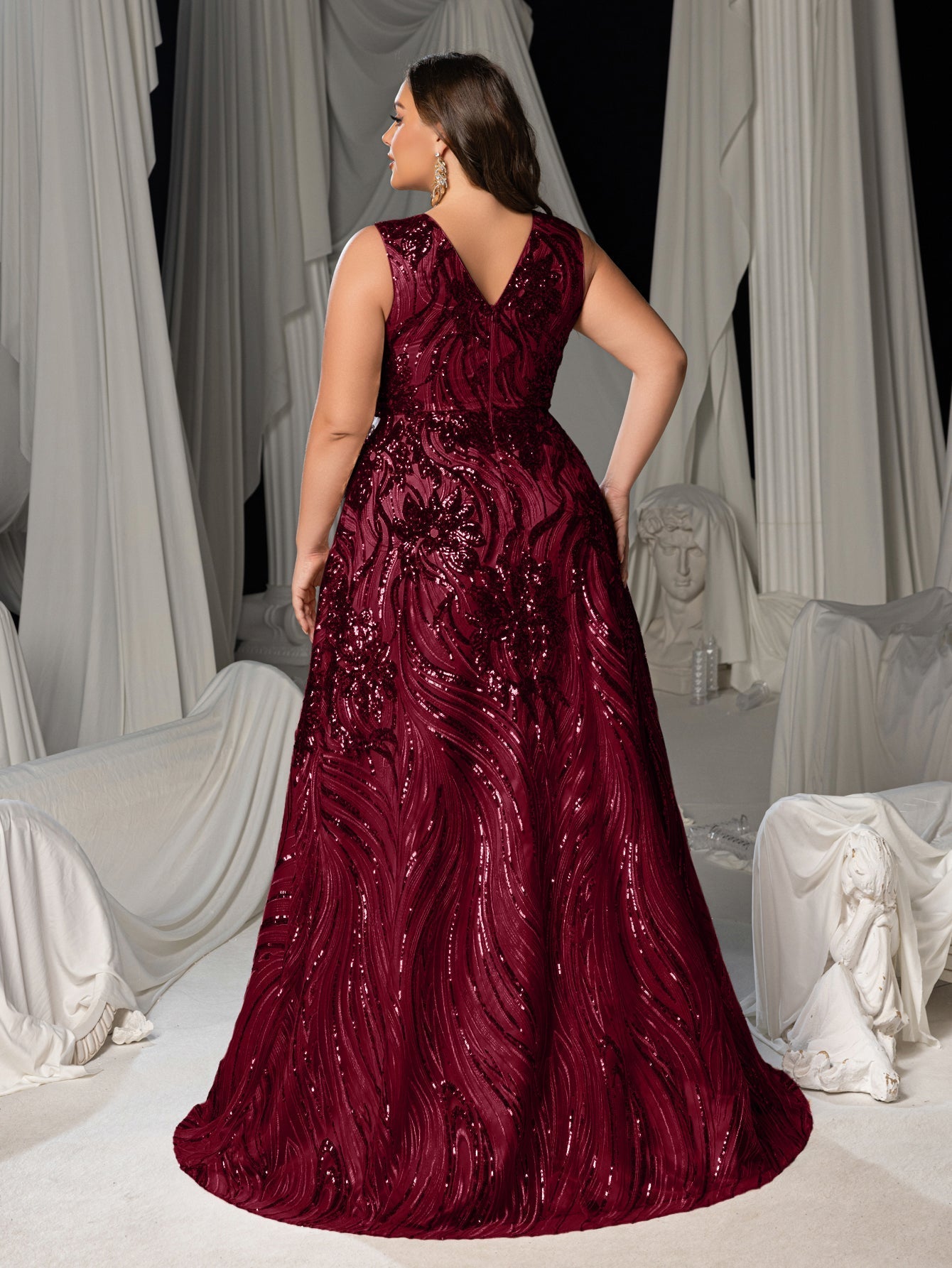 Plus Floral Sequin V Neck Sleeveless A-Line Formal Dress