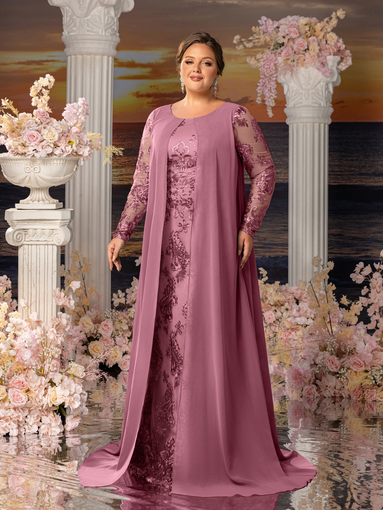 Plus Womens' Elegant Lace Mermaid Gown - Sheer Sleeves & Intricate Lace Patterns with Chiffon Overlay for Beach Weddings, Romantic Coastal Events