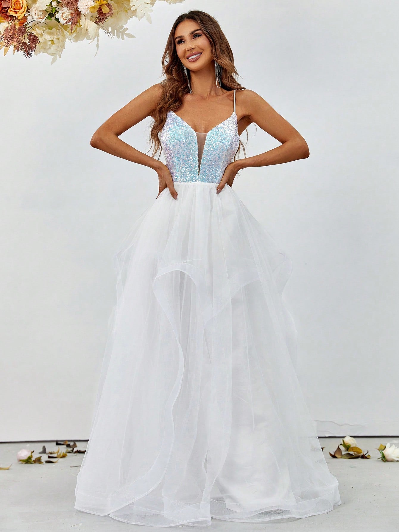 Sequin Bodice Contrast Mesh Hem Cami Wedding Dresses